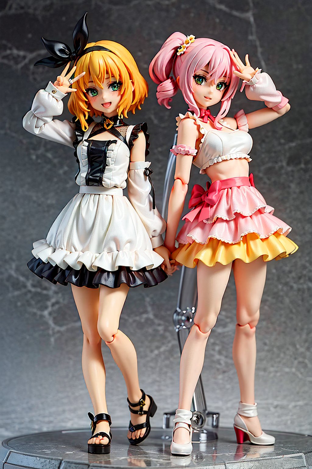 ((anime figure)), 2 girls, one with green eyes and yellow hair the other with yellow pink hair