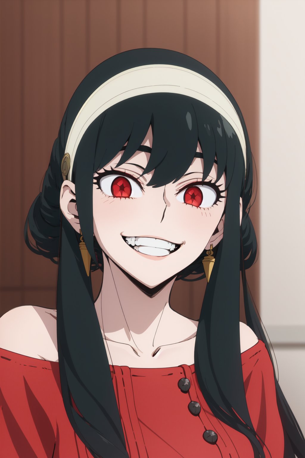 ((Masterpiece, best quality)), edgQuality, solo,1girl,edgGesugao,sadistic smile, grin, evil smile,edgGesugao facial expression, anime, yor forger, collarbone, black hair, white hairband, long hair, red eyes, jewelry, off shoulder, red sweater, red sweater dress, long sleeves, (zoom on face:1.2)