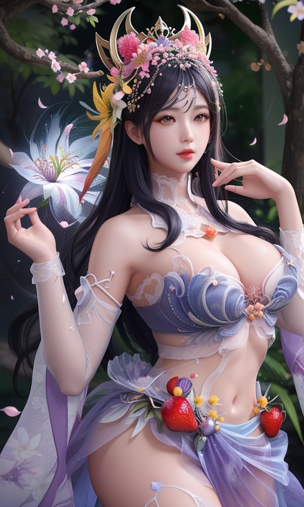 (,1girl, ,best quality, )<lora:DA_甄姬-蝶仙战舞-铁甲雄兵:0.6>,, ,masterpiece, fantasy, realistic,science fiction,mole, ultra realistic 8k cg, ,tamari \(flawless\),  medium breasts ,lemon blossoms, orange blossoms, spider lily, lily \(flower\),cherry blossoms,plum blossoms, strawberry blossoms      (()), (),