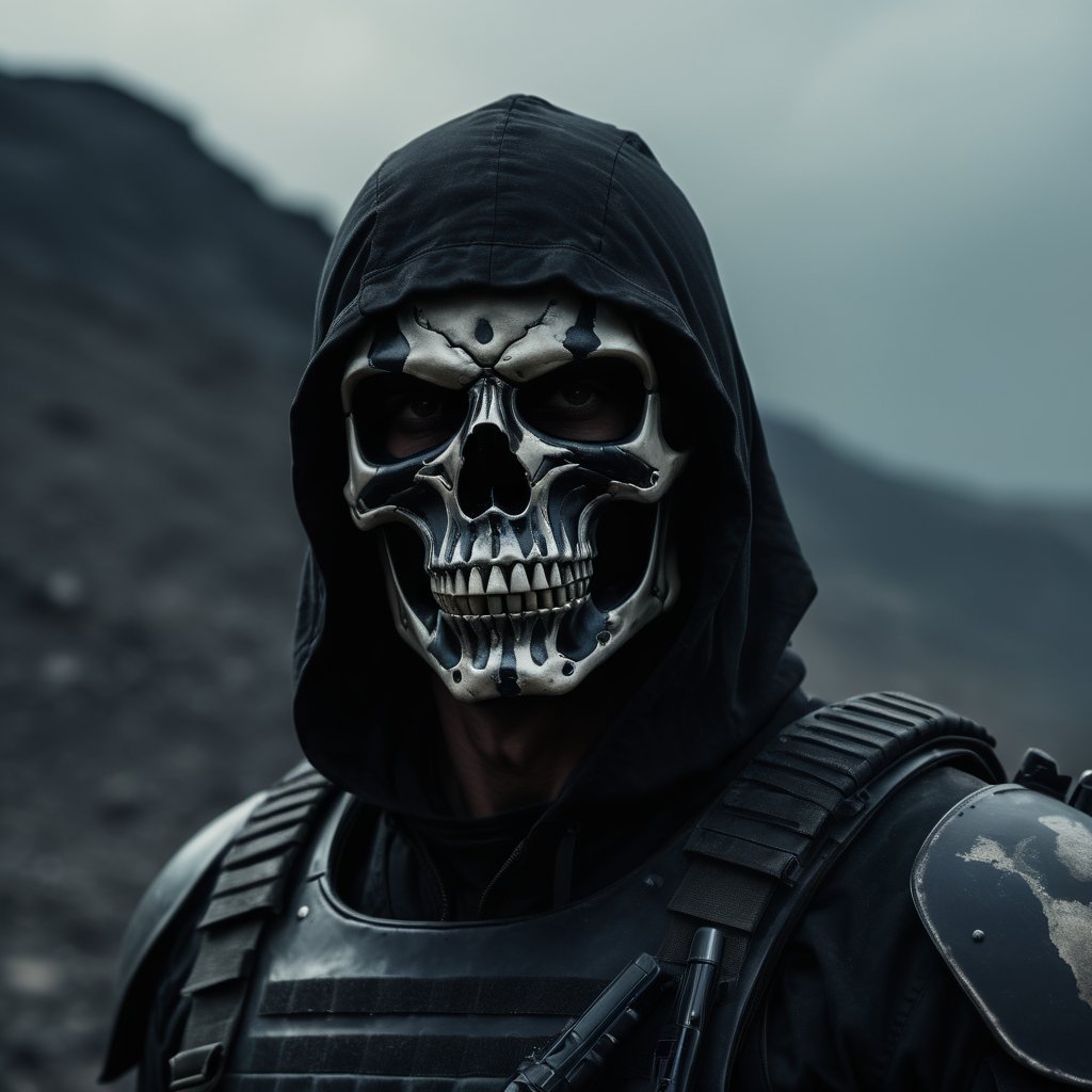 <lora:moviemakerstlyeb2p:1> , cinematic  moviemaker style, Dark soldier wearing a skull mask without jaw, distant view