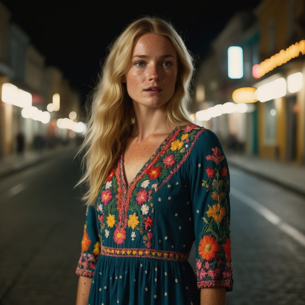 <lora:moviemakerstlyeb2p:1> , cinematic  moviemaker style, Beautiful blonde woman with freckles, wearing a colorful, vibrant, detailed embroidered dress, medium-full shot, at night