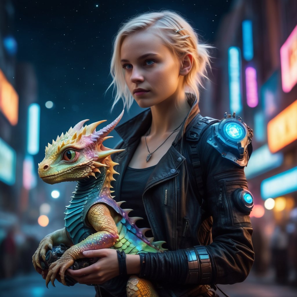 <lora:moviemakerstlyeb2p:1> , cinematic  moviemaker style, Cute young blonde headed cyberpunk girl holding her multicolored baby dragon, fantasy, exquisite detail, 30 - catch light, low - contrast, High - sharpness, depth - of - field,- hour, ultra - detailed photography, shiny stars in the sky