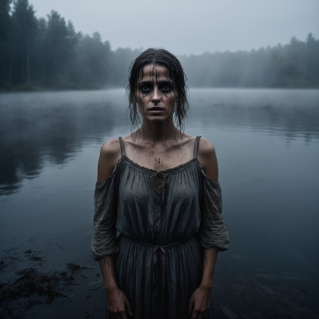 <lora:moviemakerstlyeb2p:1> , cinematic  moviemaker style, The frightening La Yorona with black eyes on her shoulder stands in a dark lake. Mist. Rain.
