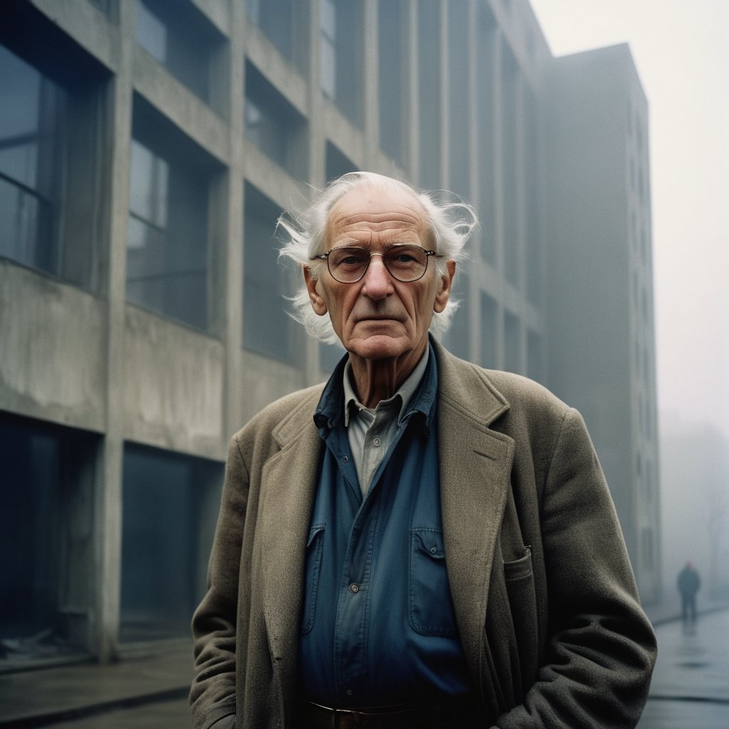 <lora:moviemakerstlyeb2p:1> , cinematic  moviemaker style, portrait of a very old man, ethereal dreamy foggy, photoshoot by Annie Leibovitz, editorial Fashion Magazine photoshoot, fashion poses, in front of brutalist building architecture. Kinfolk Magazine. Film Grain. a soft smile