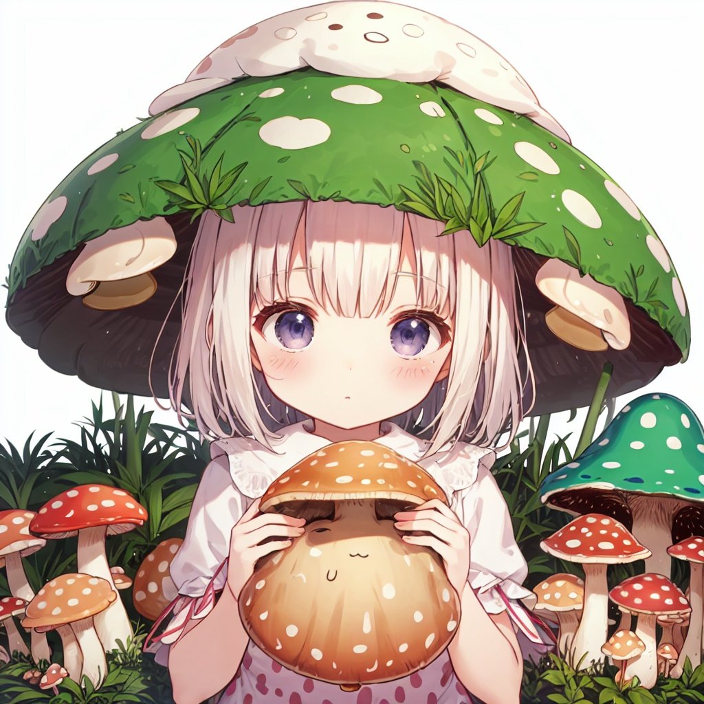 (1 loli:1.3), Forest after rain, Amazon rainforest, lots of tropical trees, palm trees, lots of giant mushrooms, lots of poison mushrooms, red and white spotted mushrooms, purple mushrooms, yellow mushrooms, white mushrooms, explosion mushrooms, charm mushrooms, fluorescent mushrooms(monsterification:1.3), (1 giant mushroom_girl, wearing Spotted dress, spotted mushroom hair), (spotted mushroom hat:1.2), (upper body), (cute face), beautiful eyes(detailed light), (extremely delicate and beautiful), volume light, best shadow, flash, Depth of field<lora:kl-通用风景优化-V3:0.6>