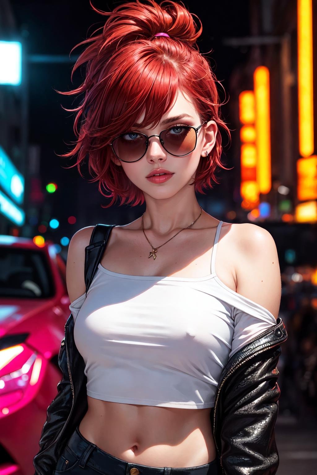 Ultra-realistic 8k CG, masterpiece, best quality, (photorealistic:1.4), absurdres, extremely detailed, real hair, energetic girl with wind-blown short hair, neon lights, sunglasses, dark club, red hair, streaks, multicolored hair, reflective, peeking, lips partedwearing loose crop top, off shoulder,