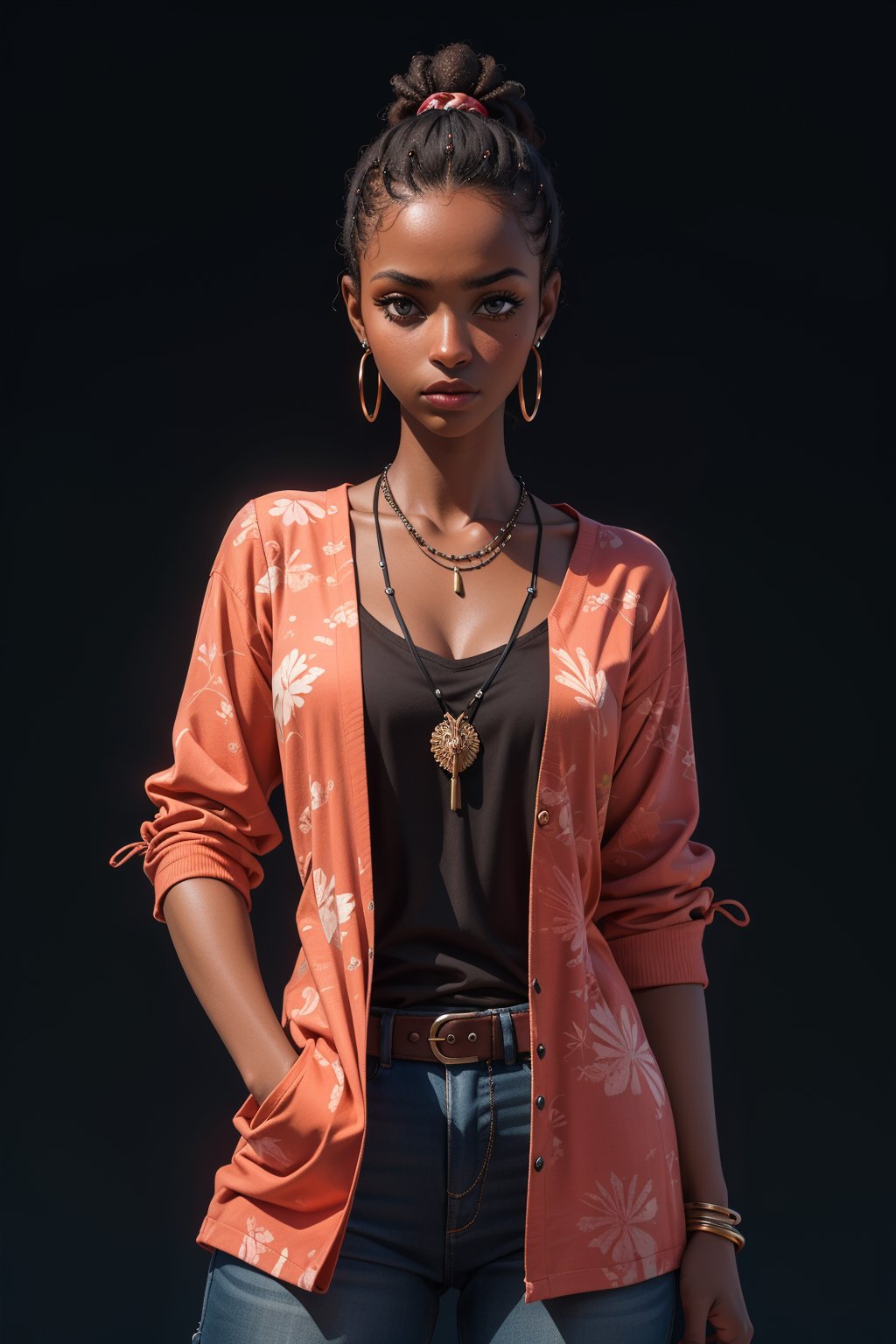 masterpiece,best quality,ultra high res,1 dark skinned African girl,(fractal art:1.3),deep shadow,dark theme,fully clothed,necklace,forlorn,cowboy shot,<lora:stylized_3dcg_v4-epoch-000012:0.1>,<lora:odanon-v1.5newcraft-lora-naivae-128dim-block:0.1>,