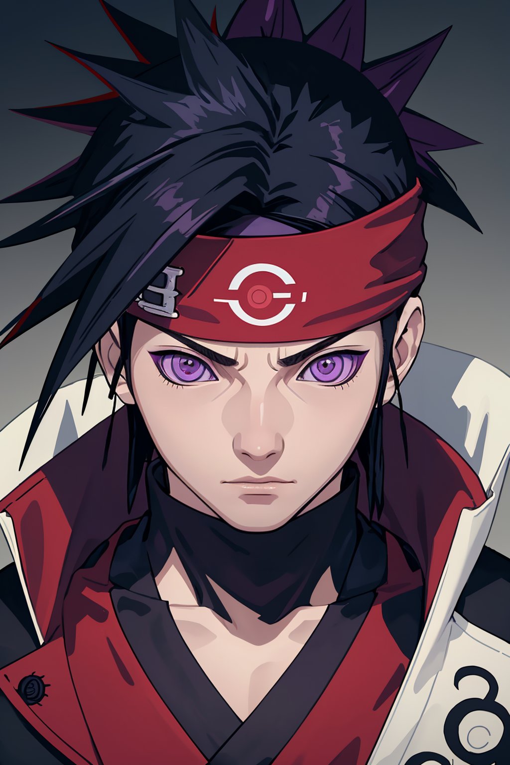 rinnengan,  Raw,  close up,  portrait  Realistic,  1boy, s4suk3, headband, konohagakure symbol, japanese clothes, black hair, spiked hair,  purple eyes, looking at viewer, ,Rinnengan