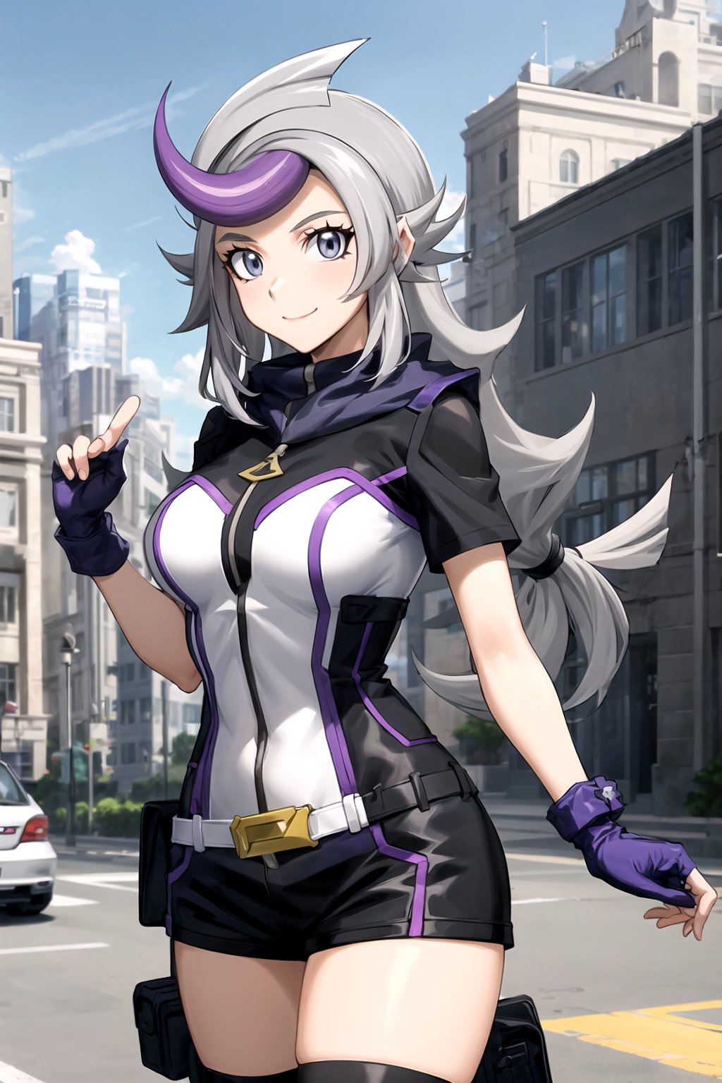 masterpiece, best quality, best aesthetic, anime, ultra detailed, (cyberspace:1.2), (city:1.2), day, (blue background:1.2), 1girl, (ghost_girl:1.2), (purple hair:1.2), grey eyes, low-tied long hair, (large breasts:1.2), (wide hips:1.2), (purple,white bodysuit:1.2), (short sleeves:1.2), (black shorts, short shorts:1.2), (purple thighhighs:1.2), (purple gloves, fingerless gloves:1.2), (standing, cowboy_shot:1.2), (smile, closed mouth:1.2)