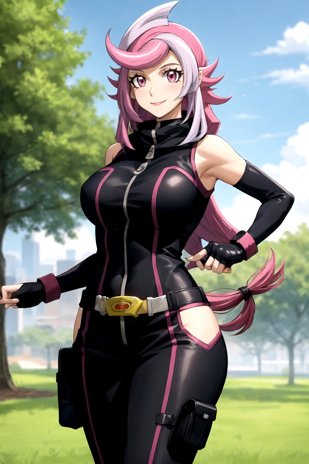 masterpiece, best quality, best aesthetic, anime, ultra detailed, outdoors, city, park, trees, 1girl, (emma_bessho:1.2), pink hair, purple hair, pink eyes, low-tied long hair, streaked hair, (large breasts:1.2), (wide hips:1.2), purple bodysuit, long sleeves, pants, (black gloves, fingerless gloves:1.2), (standing, cowboy_shot:1.2), hand on hip, (smile, closed mouth:1.2)