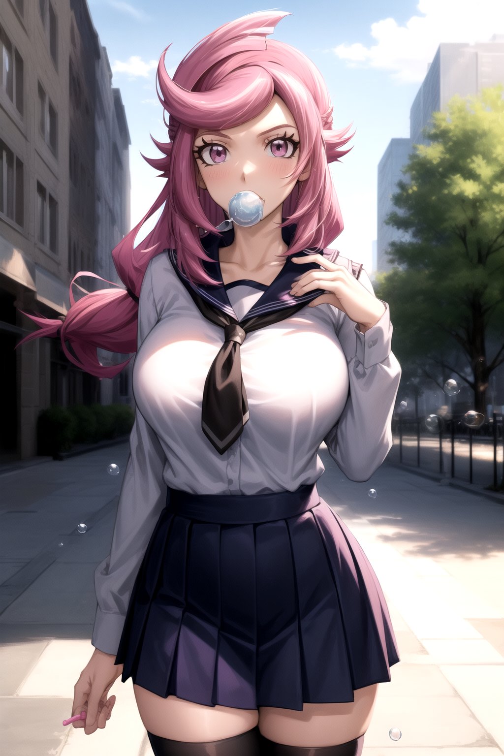 masterpiece, best quality, best aesthetic, anime, ultra detailed, outdoors, city, park, trees, 1girl, (emma_bessho:1.2), (pink hair, purple hair:1.2), pink eyes, (low-tied long hair:1.2), (large breasts:1.2), (wide hips:1.2), (blue skirt, short skirt, pleated skirt:1.2), (grey shirt, long sleeves:1.2), (blue sailor collar:1.2), (zettai ryouiki, black thighhighs:1.2), (school uniform:1.2), (front view:1.2), (standing, cowboy_shot:1.2), hand on hip, (bubble blowing, chewing gum:1.2)