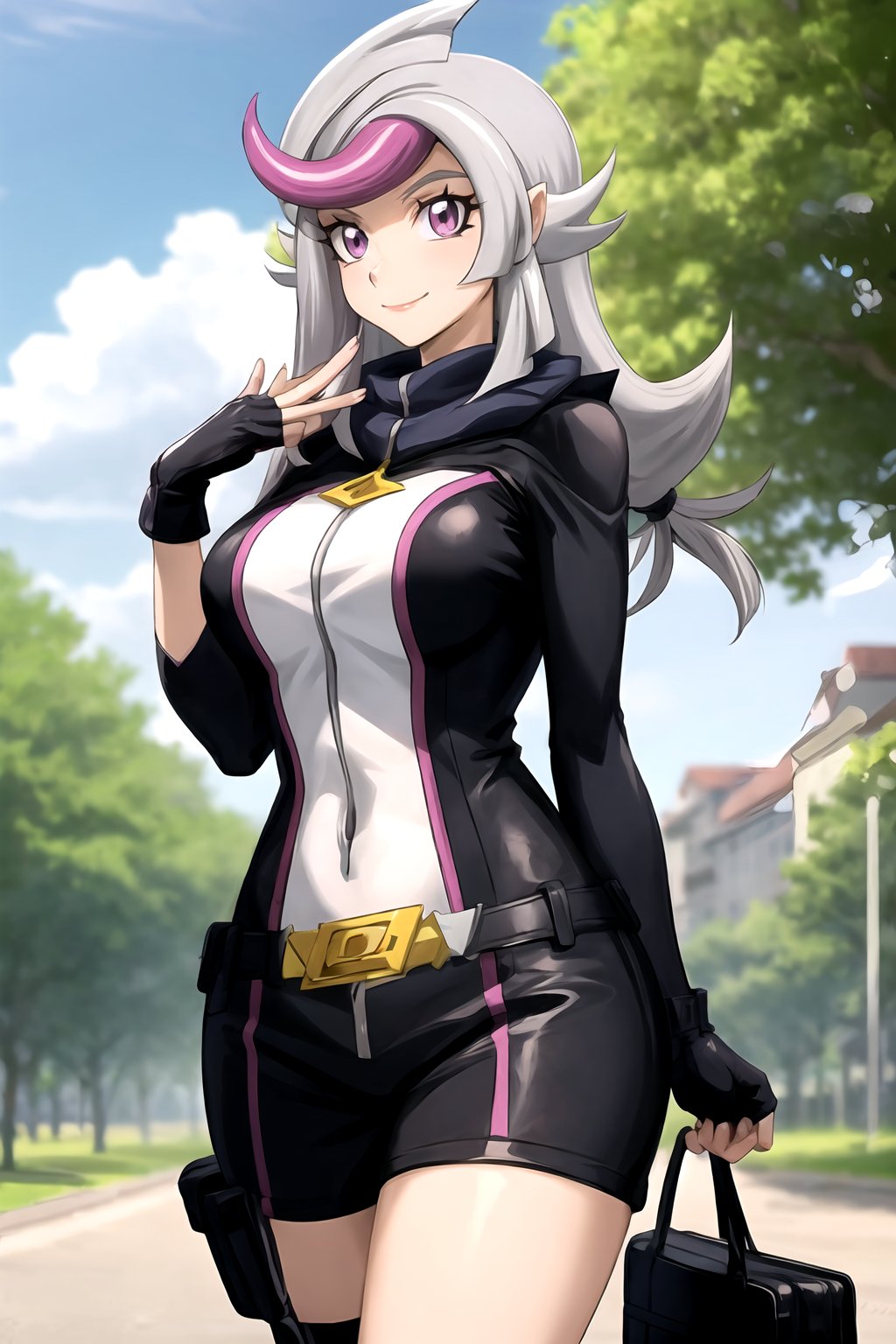 masterpiece, best quality, best aesthetic, anime, ultra detailed, outdoors, city, park, trees, 1girl, emma_bessho, pink eyes, low-tied long hair, streaked hair, (large breasts:1.2), (wide hips:1.2), purple bodysuit, long sleeves, pants, (black gloves, fingerless gloves:1.2), (standing, cowboy_shot:1.2), hand on hip, (smile, closed mouth:1.2)