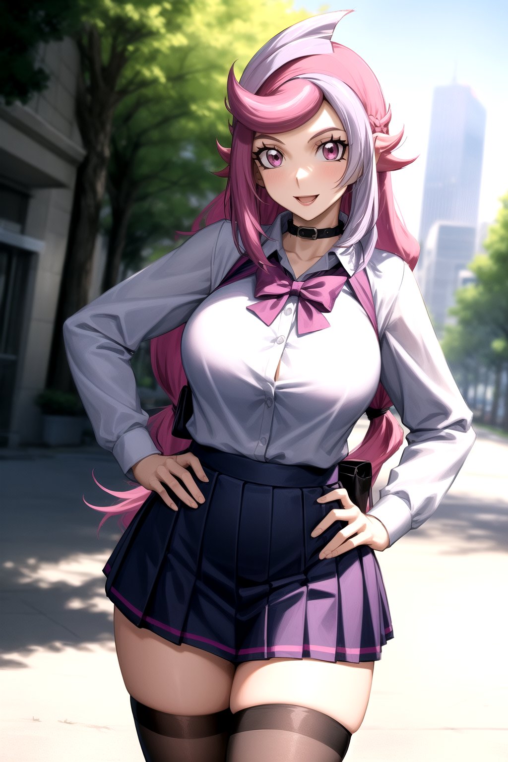 masterpiece, best quality, best aesthetic, anime, ultra detailed, outdoors, city, park, trees, 1girl, (emma_bessho:1.2), (pink hair, purple hair:1.2), pink eyes, (low-tied long hair:1.2), (large breasts:1.2), (wide hips:1.2), (blue skirt, short skirt, pleated skirt:1.2), (grey shirt, long sleeves:1.2), (blue sailor collar:1.2), (zettai ryouiki, black thighhighs:1.2), (school uniform:1.2), (front view:1.2), (standing, cowboy_shot:1.2), hand on hip, (smile, closed mouth:1.2)