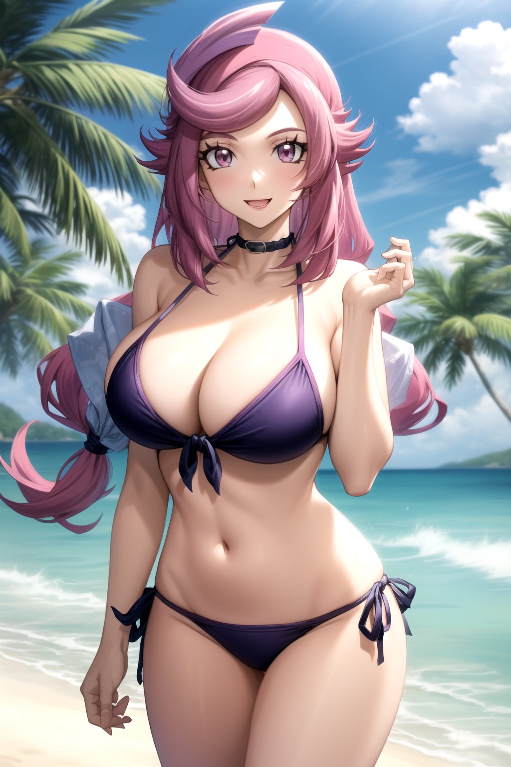 masterpiece, best quality, best aesthetic, anime, ultra detailed, outdoors, beach, horizon, palm_trees, cyberspace, 1girl, (emma_bessho:1.2), (pink hair, purple hair:1.2), pink eyes, low-tied long hair, (large breasts:1.2), (wide hips:1.2), (purple,blue bikini, string bikini, side-tie_bikini_bottom:1.3), (halterneck:1.2), (cleavage:1.2), (front view:1.2), (standing, cowboy_shot:1.2), hand on hip, (smile, closed mouth:1.2)
