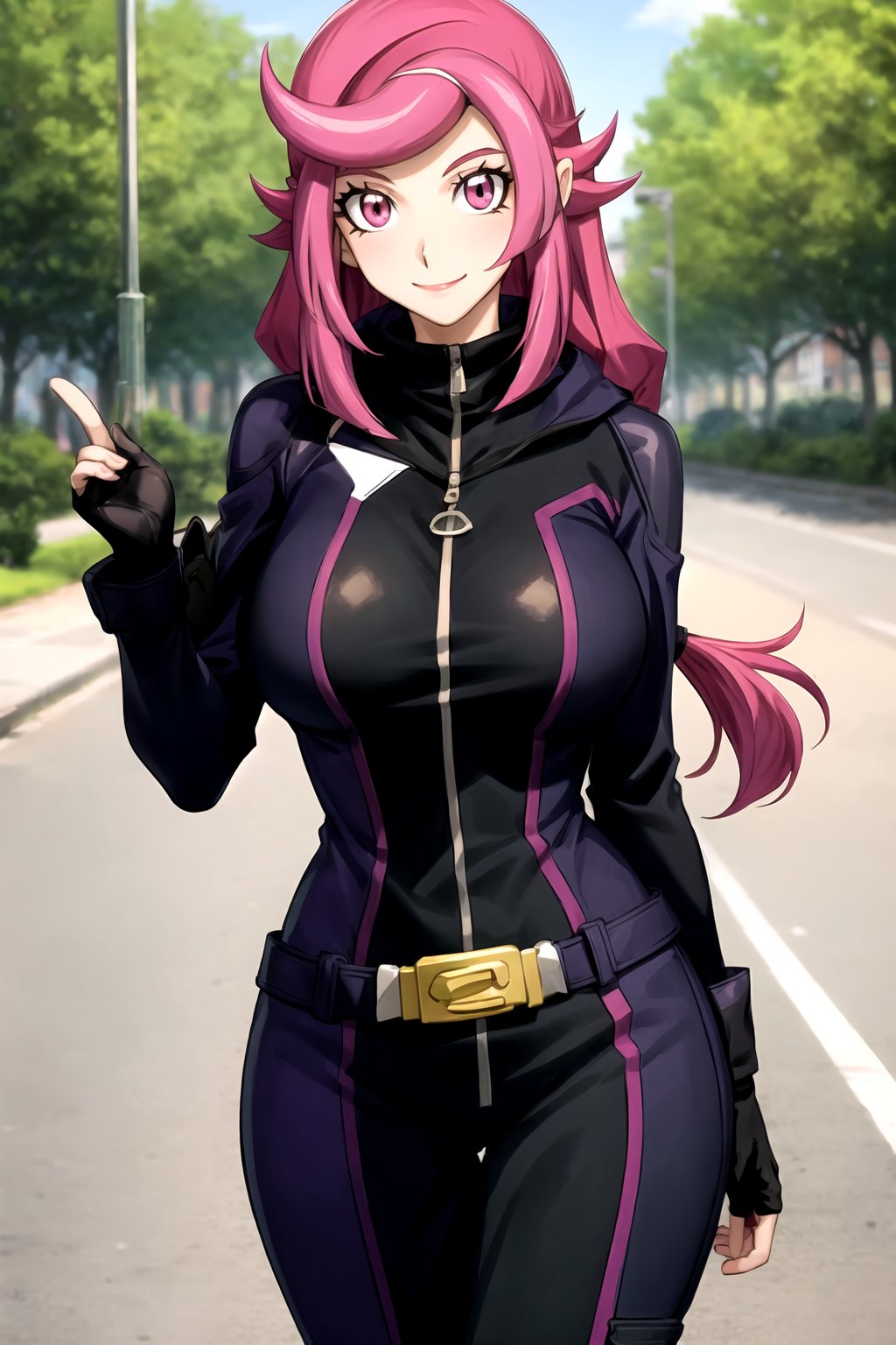 masterpiece, best quality, best aesthetic, anime, ultra detailed, outdoors, city, park, trees, 1girl, (emma_bessho:1.2), (pink hair, purple hair:1.2), pink eyes, low-tied long hair, (large breasts:1.2), (wide hips:1.2), (purple bodysuit:1.2), (long sleeves:1.2), pants, (black gloves, fingerless gloves:1.2), (standing, cowboy_shot:1.2), hand on hip, (smile, closed mouth:1.2)