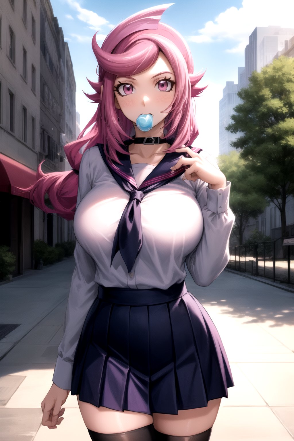 masterpiece, best quality, best aesthetic, anime, ultra detailed, outdoors, city, park, trees, 1girl, (emma_bessho:1.2), (pink hair, purple hair:1.2), pink eyes, (low-tied long hair:1.2), (large breasts:1.2), (wide hips:1.2), (blue skirt, short skirt, pleated skirt:1.2), (grey shirt, long sleeves:1.2), (blue sailor collar:1.2), (zettai ryouiki, black thighhighs:1.2), (school uniform:1.2), (front view:1.2), (standing, cowboy_shot:1.2), hand on hip, bubble blowing, (chewing gum:1.2)