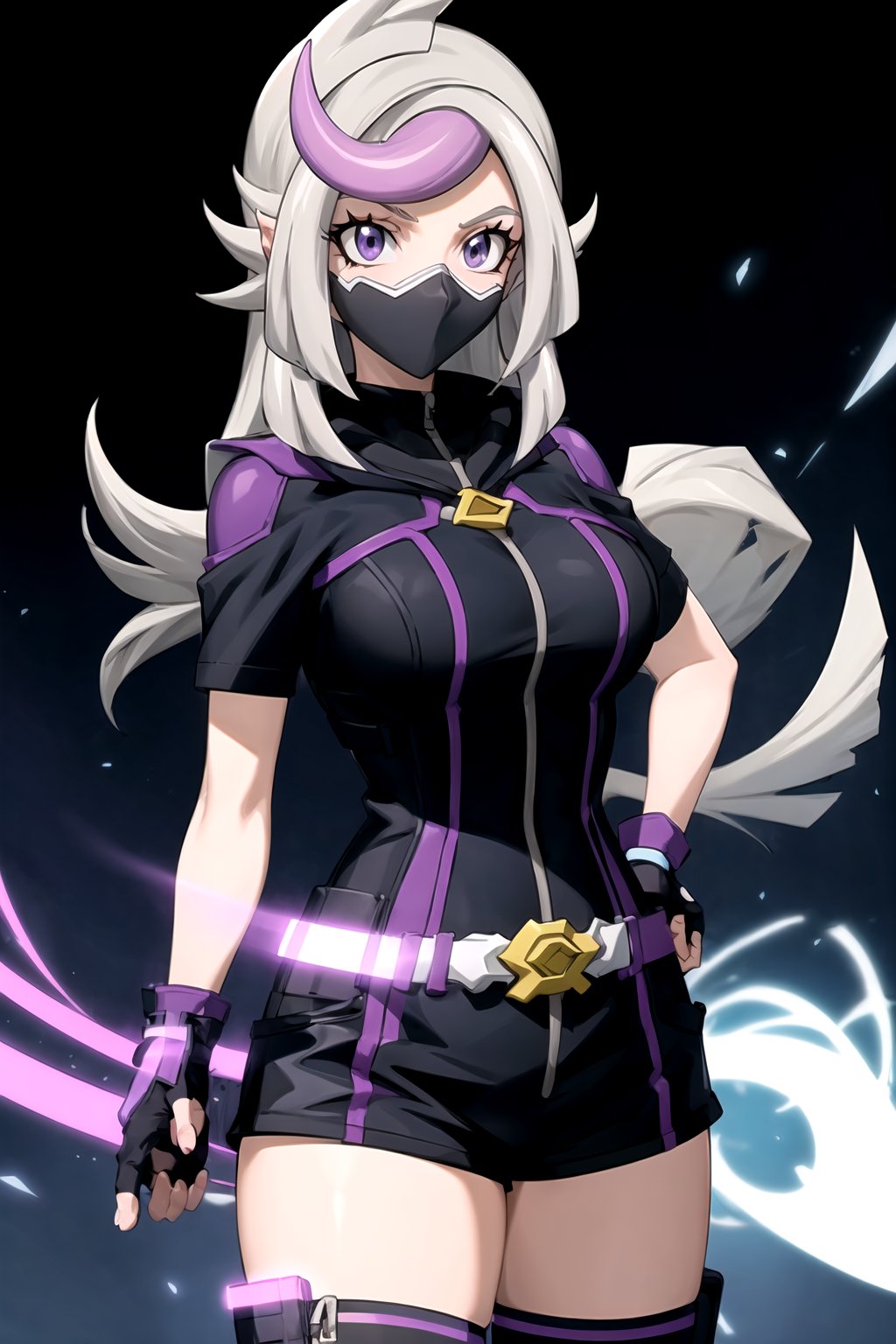 masterpiece, best quality, best aesthetic, anime, ultra detailed, cyberspace, city, blue background, neon lights, 1girl, (ghost_girl:1.2), (gray hair, purple hair:1.2), gray eyes, low-tied long hair, (large breasts:1.2), (wide hips:1.2), (purple bodysuit:1.2), (mouth mask:1.2), (short sleeves:1.2), (black shorts, short shorts:1.2), (purple thighhighs:1.2), (purple gloves, fingerless gloves:1.2), (standing, cowboy_shot:1.2), arms_at_sides