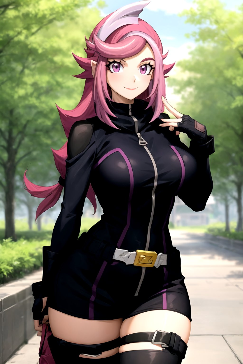 masterpiece, best quality, best aesthetic, anime, ultra detailed, outdoors, city, park, trees, 1girl, (emma_bessho:1.2), (pink hair, purple hair:1.2), pink eyes, low-tied long hair, (large breasts:1.2), (wide hips:1.2), (purple bodysuit:1.2), (long sleeves:1.2), pants, (black gloves, fingerless gloves:1.2), (standing, cowboy_shot:1.2), hand on hip, (smile, closed mouth:1.2)