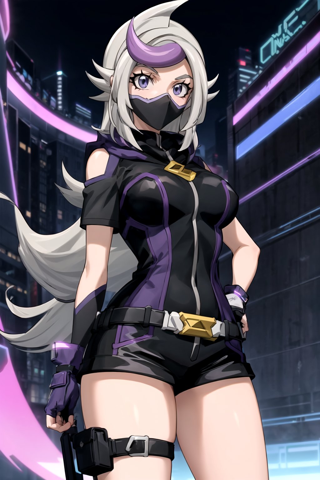 masterpiece, best quality, best aesthetic, anime, ultra detailed, cyberspace, city, blue background, neon lights, 1girl, (ghost_girl:1.2), (gray hair, purple hair:1.2), gray eyes, low-tied long hair, (large breasts:1.2), (wide hips:1.2), (purple bodysuit:1.2), (mouth mask:1.2), (short sleeves:1.2), (black shorts, short shorts:1.2), purple thighhighs, (purple gloves, fingerless gloves:1.2), (standing, cowboy_shot:1.2), arms_at_sides