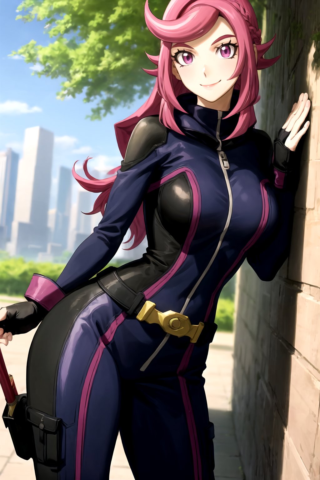 masterpiece, best quality, best aesthetic, anime, ultra detailed, outdoors, city, park, trees, 1girl, (emma_bessho:1.2), (pink hair, purple hair:1.2), pink eyes, low-tied long hair, (large breasts:1.2), (wide hips:1.2), (purple bodysuit:1.2), (long sleeves:1.2), pants, (black gloves, fingerless gloves:1.2), (standing, cowboy_shot:1.2), hand on hip, (smile, closed mouth:1.2)