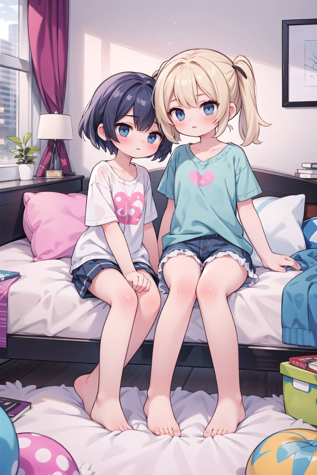 (masterpiece), 2girls, yuri, casual, bedroom