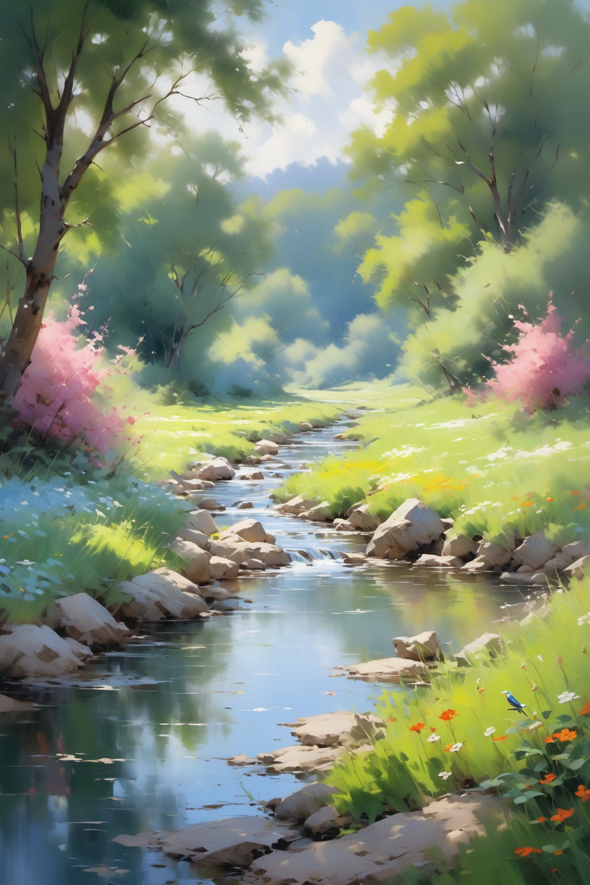 oil paint, nature (best quality,4k,8k,highres,masterpiece:1.2),ultra-detailed,(realistic,photorealistic,photo-realistic:1.37),vivid colors,sharp focus,beautiful detailed eyes,beautiful detailed lips (if there are characters),sunlit meadow with vibrant flowers, lush green grass and rolling hills, a gentle breeze rustling the leaves of the trees, a crystal-clear blue sky with fluffy white clouds, a peaceful stream winding through the landscape, an abundance of wildlife including birds, butterflies, and small animals, sunlight filtering through the branches creating dappled shadows, the sound of birds chirping in the distance, a picturesque setting that evokes a sense of tranquility and beauty, the harmony of nature captured in every brushstroke, the vibrant colors of the flowers bringing the painting to life, the texture of the oil paint adding depth and richness to the artwork, the meticulous level of detail capturing the intricate beauty of the natural world.