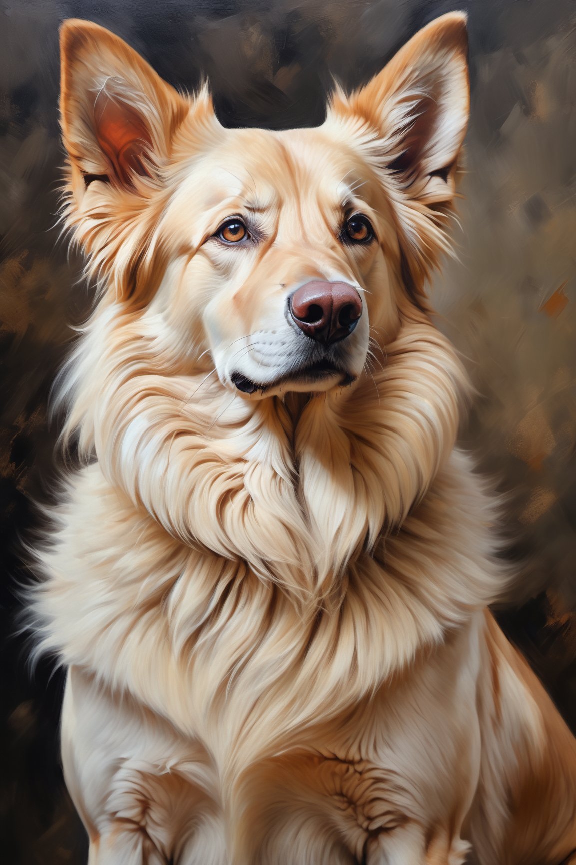 (oil paint, dog),(best quality,4k,8k,highres,masterpiece:1.2),ultra-detailed,(realistic,photorealistic,photo-realistic:1.37),enhanced colors,vivid brushstrokes,detailed fur texture,expressive eyes,strong contrast,natural lighting,classic style,loyal companion,playful expression,paw on a canvas,diverse brush sizes,soft fur texture,painting in progress,varied color palette,texture details on the nose and ears,visible brushstrokes,artistic background,subtle highlights,portrait perspective.