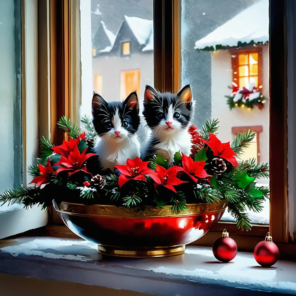 beautiful christmas decorated window, on the windowsill is a beautiful christmas bouquet in bowl, next to it sits 1 fluffy kitten, Mysterious
Style by Gabriele Dell'otto, AI Midjourney, bright saturated colors, watercolor, oil paints,   HDR, 500px, 4k, 