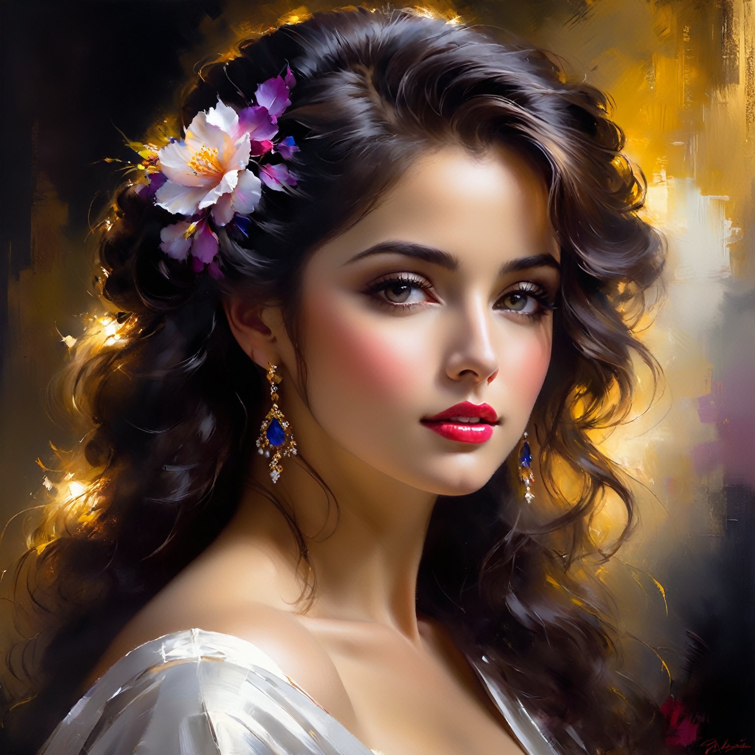 Embracing the exquisite beauty and grace of a woman through the artistry of a painted portrait.A hyper-realistic 32k  digital rendering, 8k,brought to life through the expert brush strokes of Pino Daeni, ultra fine detail in strokes, saturated colors, dramatic lighting, chiaroscuro effect, high contrast, 32k,intrikate,