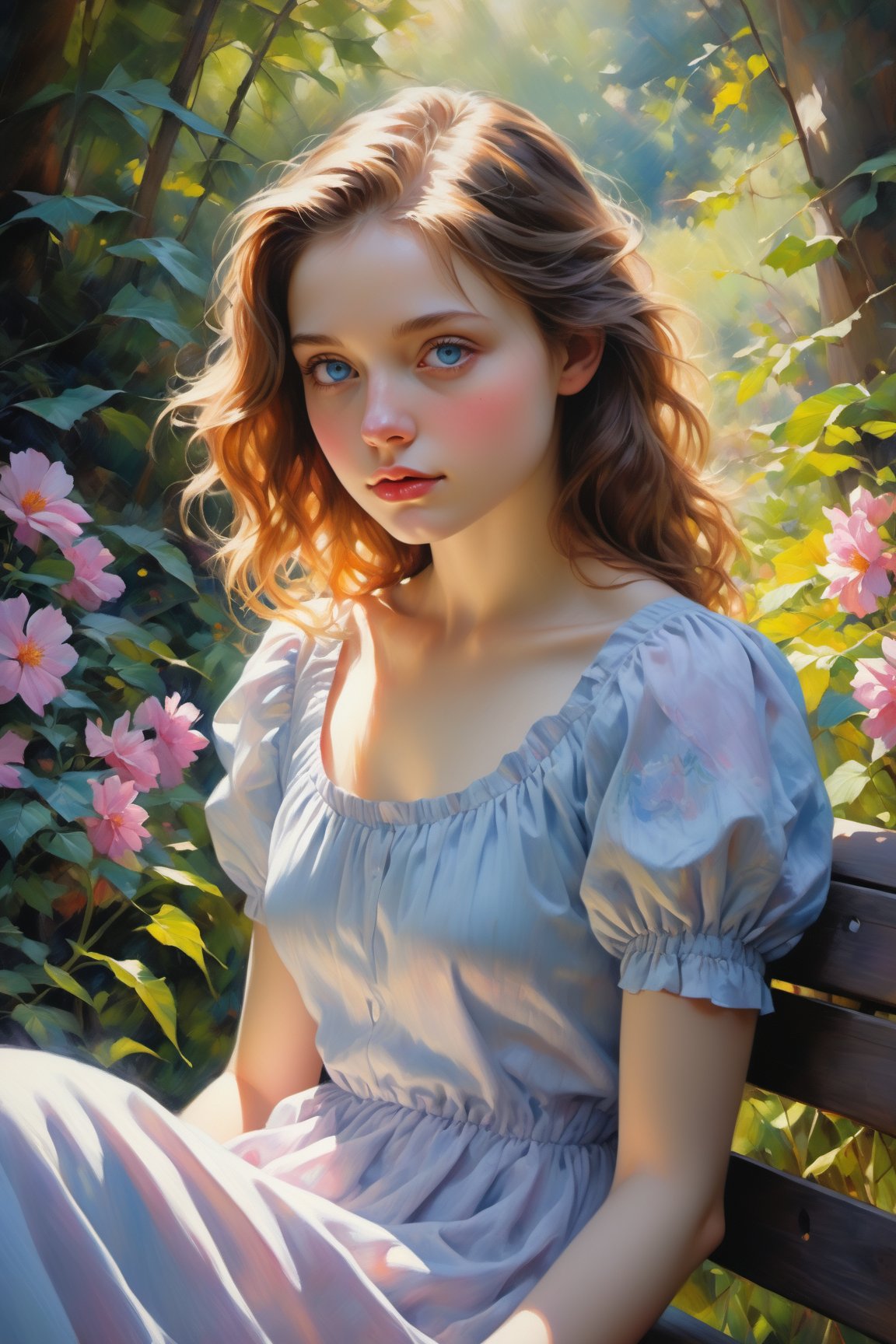 An oil painted masterpiece of a tranquil garden scene with a girl sitting on a wooden bench. The girl is wearing a flowing dress with vibrant colors that blend harmoniously with the surrounding nature. The garden is filled with lush greenery, colorful flowers, and tall trees casting soft shadows. The sunlight peeks through the leaves, creating a beautiful interplay of light and shade. The girl has mesmerizing, detailed blue eyes that captivate the viewer's attention. Her lips are delicately painted with a subtle shade of pink. The artist pays great attention to the intricate details of her face, capturing her serene expression and long eyelashes. The painting is of the highest quality, with ultra-detailed brushstrokes and fine textures. It has a realistic, photorealistic quality that makes it come to life. The color palette used in the painting is vivid and vibrant, enhancing the overall visual impact. The warm, golden tones of the sunlight create a soothing ambiance. The lighting in the painting is akin to that of a dream, with soft, diffused light illuminating the scene. The composition and perspective of the painting create a sense of depth and presence, making the viewer feel as if they are a part of the garden.