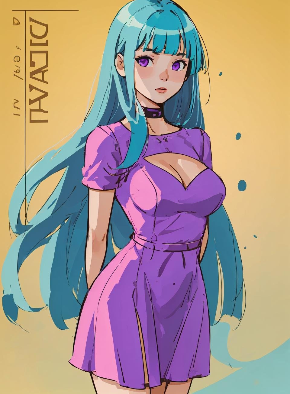 poster, 1girl, aqua hair, arms behind back, bangs, blue hair, blunt bangs, breasts, cowboy shot, dress,  long hair, looking at viewer, medium breasts, pink dress, purple eyes, solo, standing, very long hair, yellow background,<lora:Paint_style-000007:.8> 