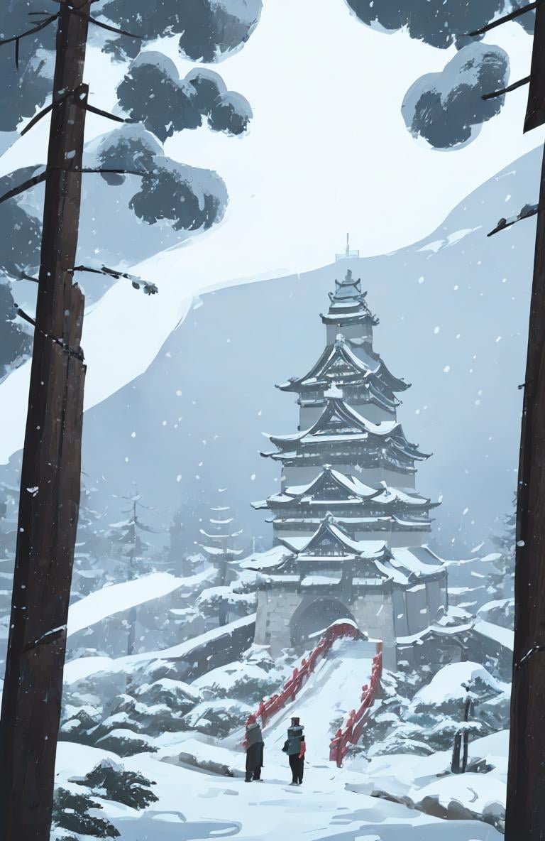a forest ,  <lora:Paint_style-000007:.8> , asian, snow, japanese castle 