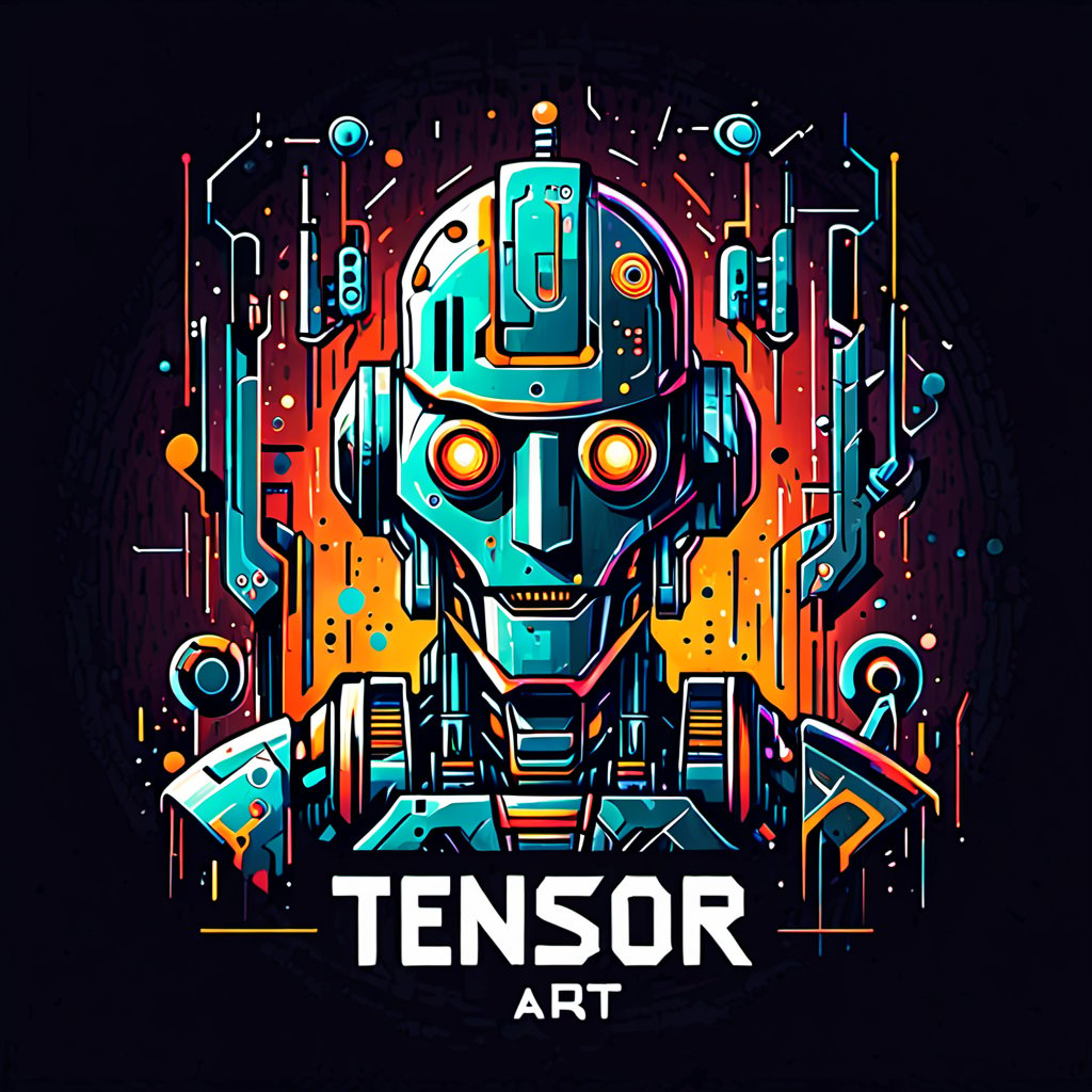 cyberpunk logo of the Robot with text "TENSOR ART", colourful, ,Text