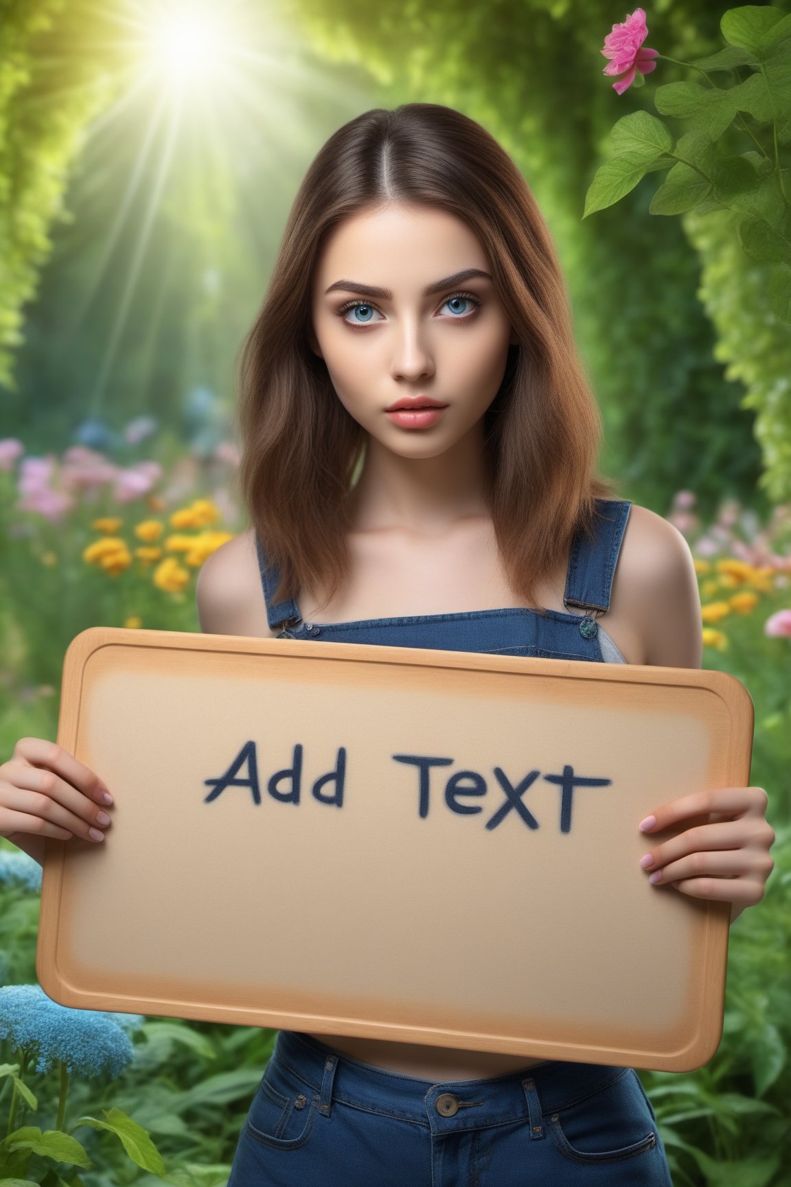 A girl in a garden,holding a board with text "ADD_TEXT" text,illustration,ultra-detailed,realistic,vivid colors,hdr,sharp focus,studio lighting,beautiful detailed eyes,beautiful detailed lips,longeyelashes,medium