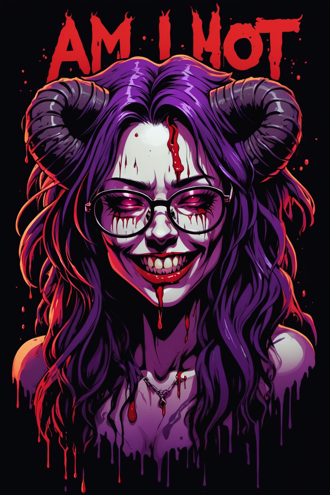 text "AM I HOT" text logo, purple, red, black background, dripping style, hell, (horned demon girl) with long messy hair and wearing glasses, she is evil lewd smililg, side view, from below angle