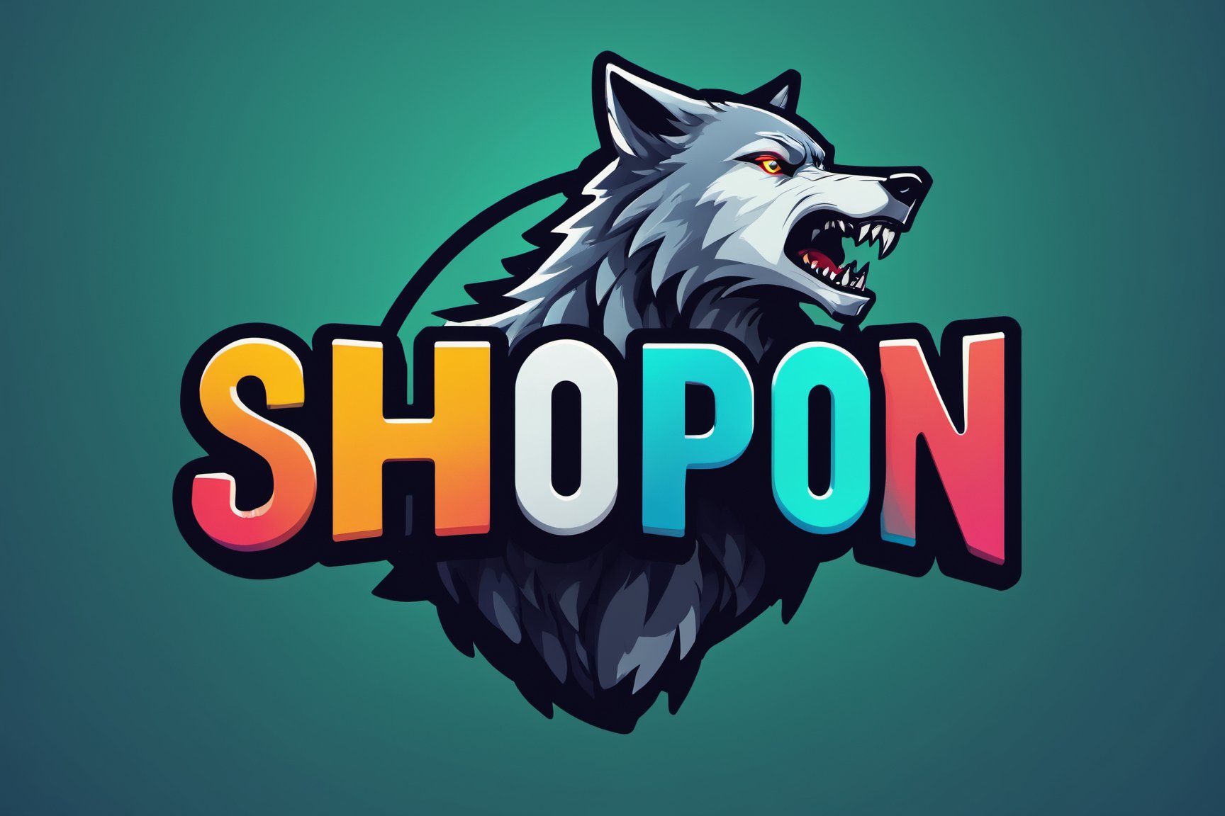 text "SHOPON" text logo, mordern logo of a wolf, colourful, ,Text