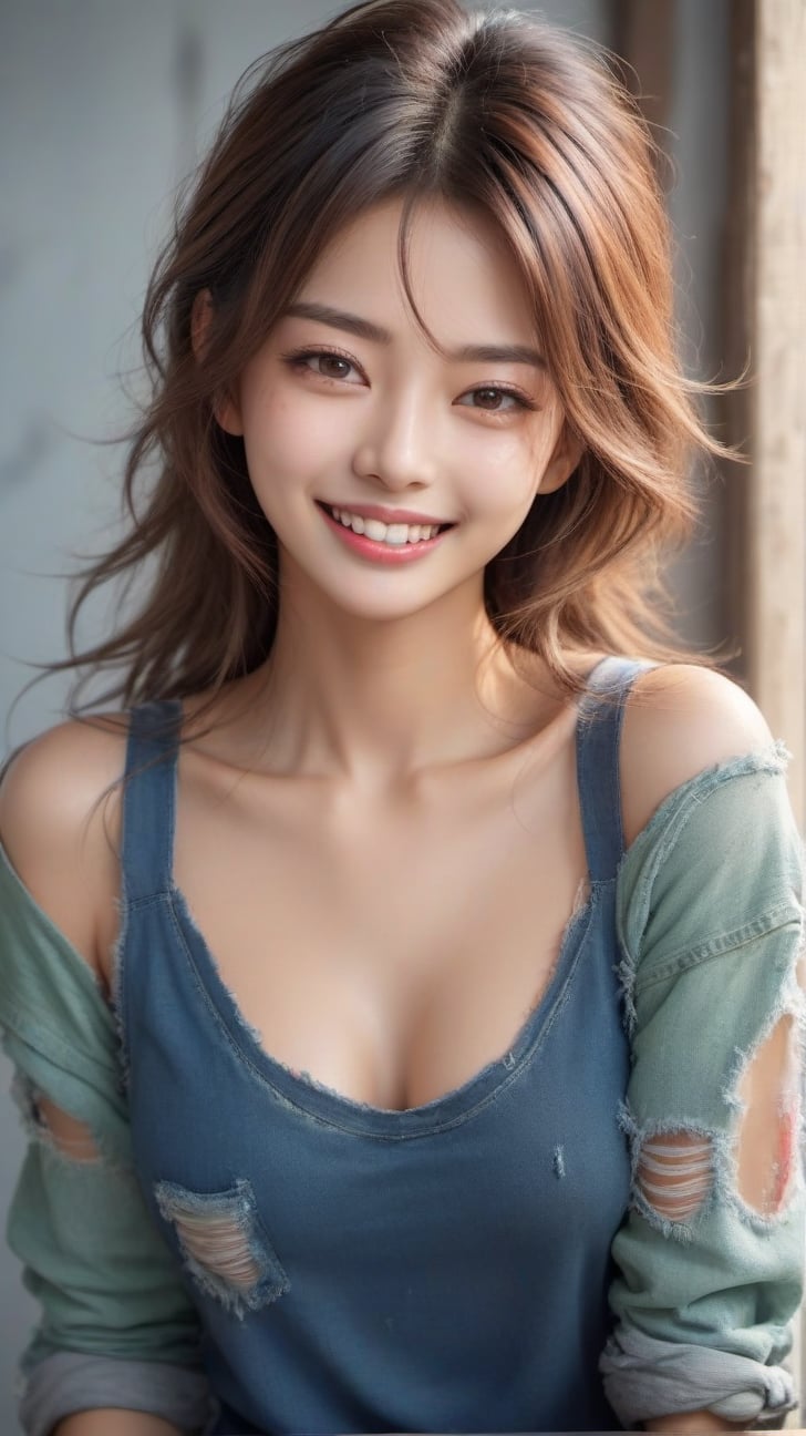 Very detailed illustration of a ((best quality)), ((masterpiece)), (detailed), mesmerizing and alluring female model, cute, face focus, Confident smile, looking_at_viewer, (Dirty and rugged charm:1.2), disheveled hair, smudged face with a playful smirk, skin tight torn out clothese, kwon-nara-xl,detailmaster2