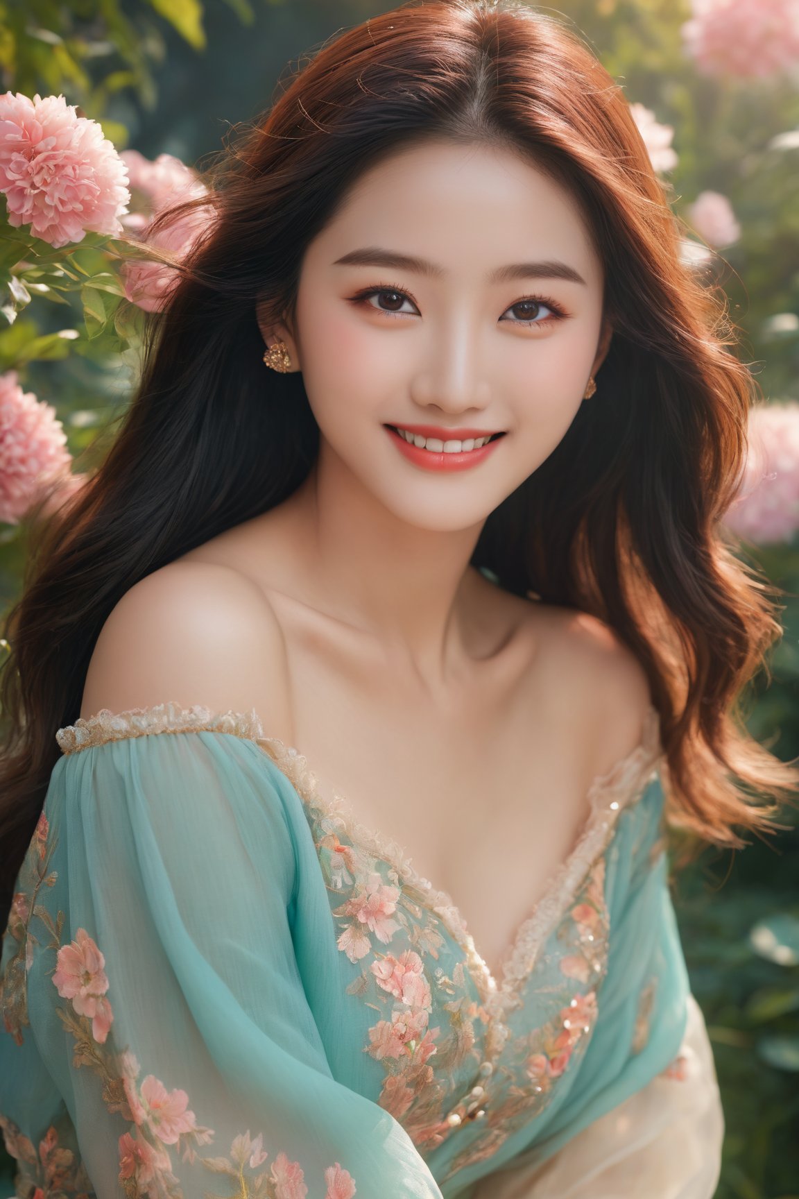 (best quality, masterpieces:1.2, ultra high resolution, 8k, realistic:1.4), 1girl, korean, cute smile, off-the-shoulders, cinematic lighting, beautiful detailed eyes, beautiful detailed lips, longeyelashes, soft skin, flowing hair, colorful garden backdrop, vibrant colors, sunshine ambiance