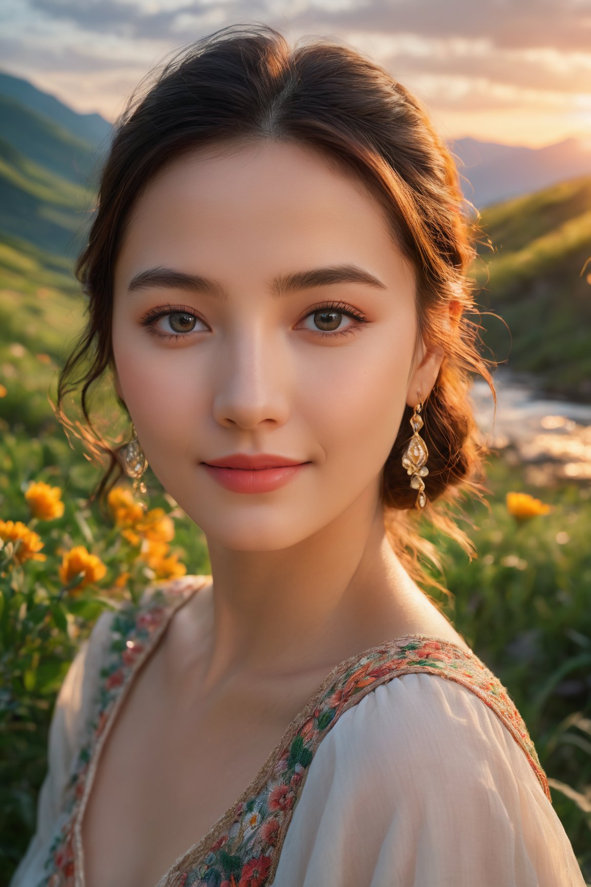 (best quality,8k,highres,masterpiece:1.2),photorealistic,ultra-detailed,vibrant photography of a woman in nature, cute smile,dramatic lighting,finely detailed beautiful eyes,fine detailed skin,Natural scenery,majestic landscape,colorful flowers,distant mountains,flowing rivers,melting sunset,serene atmosphere,dazzling sunlight,blissful vibes,freckled face,luscious greenery,soft breeze,ethereal beauty