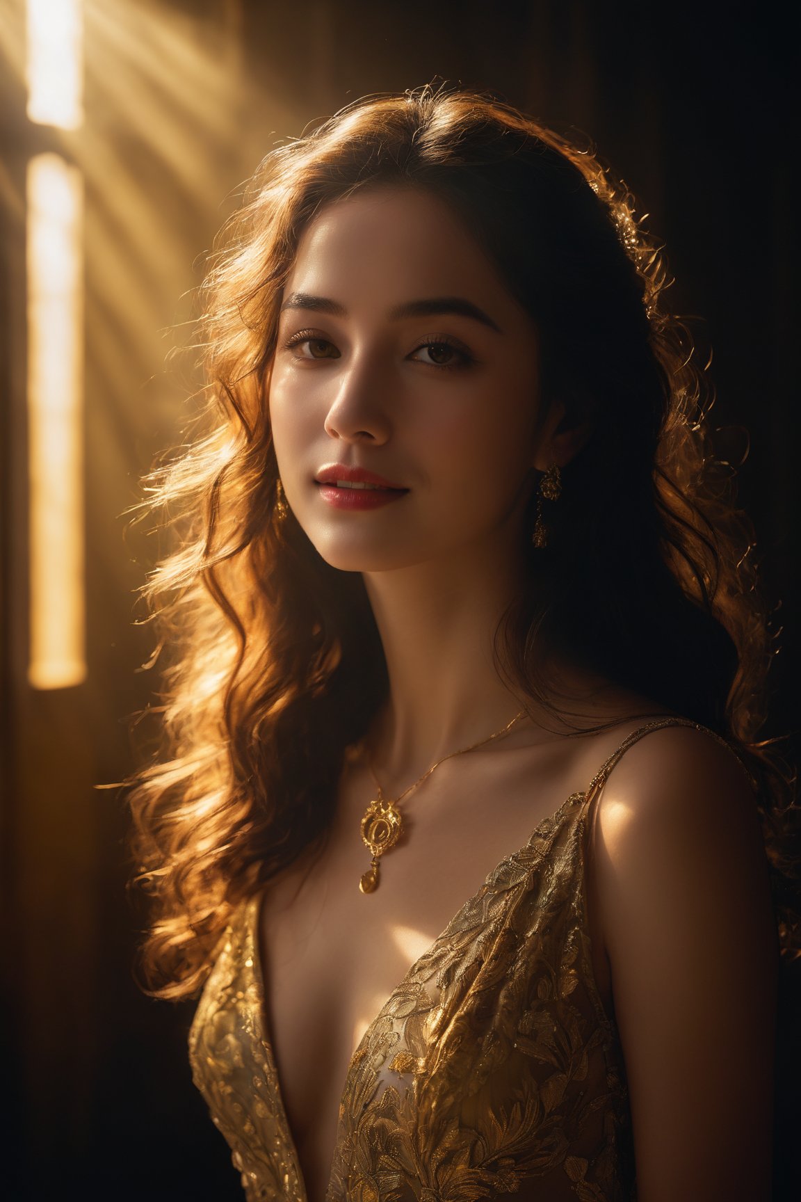 (best quality,4k,8k,highres,masterpiece:1.2),ultra-detailed,(realistic,photorealistic,photo-realistic:1.37),portrait,soft lighting,mysterious woman,smiling,curly hair,bright eyes,enchanting gaze,fog,ethereal atmosphere,golden rays,gleaming pendant necklace,wisps of hair flowing in the wind,dreamlike scenery,sensual lips,dramatic shadows,movie lights casting a dramatic effect,golden hues,subtle yellow theme,dark background,unveiling a secret,piercing gaze,beautifully haunting,contented expression