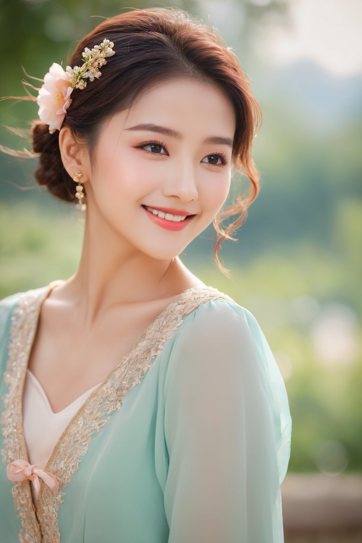 (best quality,4k,8k,highres,masterpiece:1.2),ultra-detailed,(realistic,photorealistic,photo-realistic:1.37),1girl,cute,beautiful detailed eyes,beautiful detailed lips,extremely detailed eyes and face,longeyelashes,Korean-style makeup,glowing skin,flawless complexion,vibrant colors,soft lighting,pastel color palette,playful expression,adorable smile,blush on cheeks,dewy look,feminine appearance,lovely hairstyle,neatly arranged hair,flower hairpin,colorful clothes,stylish outfit,pulling back a strand of hair,image with depth and dimension,soft and airy background,shallow depth of field,bokeh effect,gentle poses,expressive eyes,subtle shadows,sweet and innocent look,positive and joyful mood,warm and friendly ambiance,feeling of youth and charm,simple and clean composition