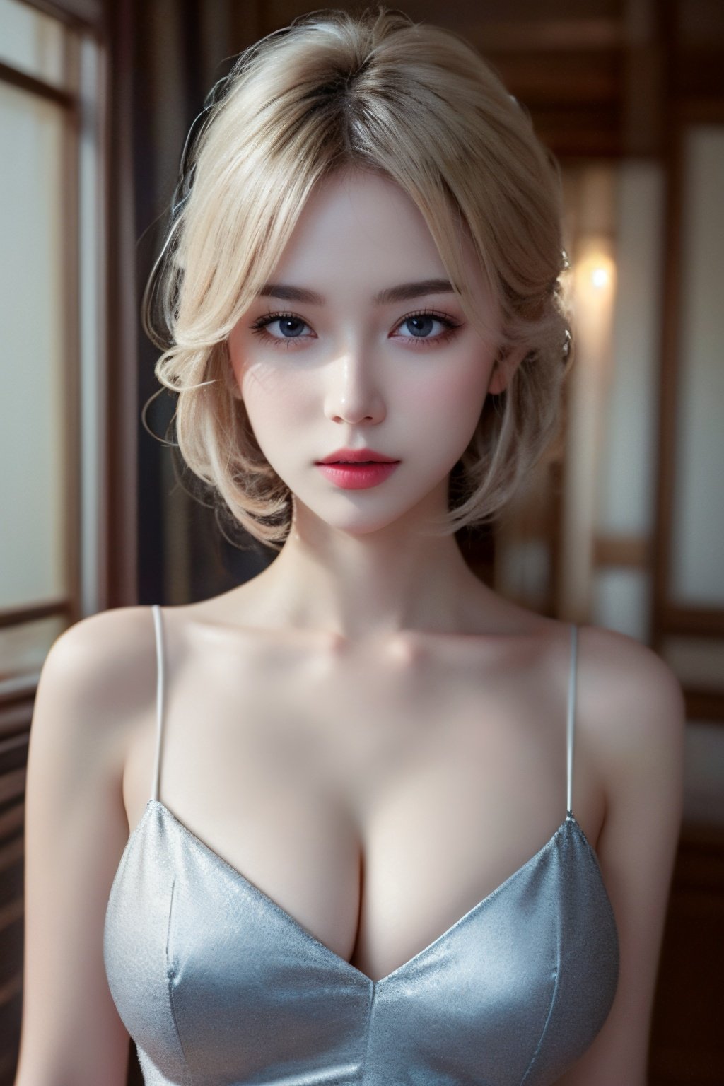 (RAW photo, best quality, masterpiece:1.2),(super realistic, photo-realistic:1.3),ultra-detailed,extremely detailed cg 16k wallpaper,skin gloss,light persona,flawless,clean,professional artwork,famous artwork,perfect face,beautiful face,movie grade texture,Cinematic Lighting,(crystalstexture skin:1.2),(extremely delicate and beautiful),1girl,white_hair,upper body,solo,ll-hd,(breasts,medium_breasts,cleavage:1.2 ),looking at viewer,(pov:1.2),