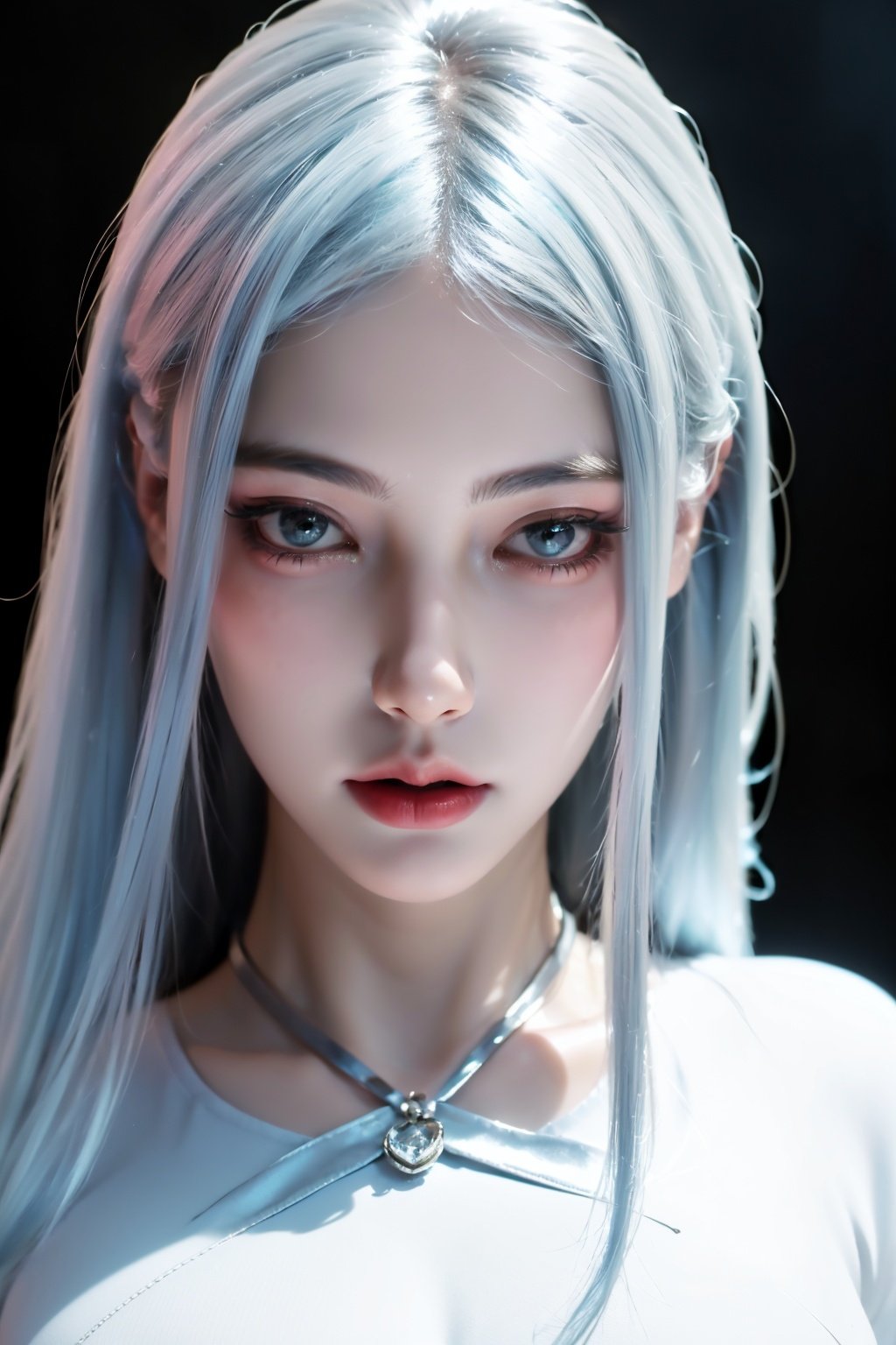 (RAW photo, best quality, masterpiece:1.2),(super realistic, photo-realistic:1.3),ultra-detailed,extremely detailed cg 16k wallpaper,skin gloss,light persona,flawless,clean,professional artwork,famous artwork,perfect face,beautiful face,movie grade texture,Cinematic Lighting,(crystalstexture skin:1.2),(extremely delicate and beautiful),1girl,white_hair,upper body,solo,jyy-hd,(breasts,medium_breasts,cleavage:1.2 ),looking at viewer,(pov:1.2),<lora:926jyy2-000018:0.7:1,1,1,1,1,0,0.2,0,0.8,1,1,0.2,0,0,0,0,0),<lora:1111ll:0.8>,