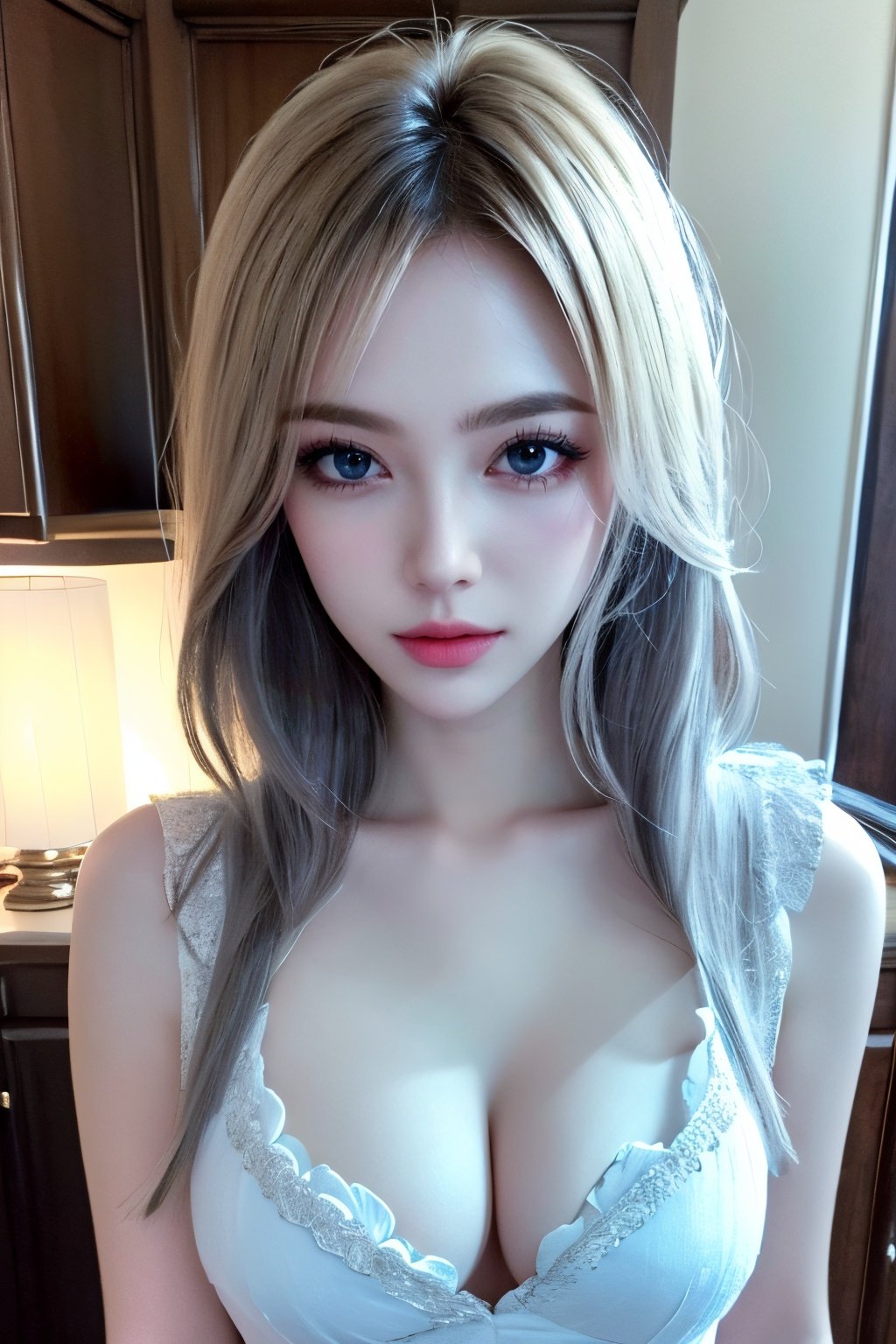 (RAW photo, best quality, masterpiece:1.2),(super realistic, photo-realistic:1.3),ultra-detailed,extremely detailed cg 16k wallpaper,skin gloss,light persona,flawless,clean,professional artwork,famous artwork,perfect face,beautiful face,movie grade texture,Cinematic Lighting,(crystalstexture skin:1.2),(extremely delicate and beautiful),1girl,white_hair,upper body,solo,ll-hd,(breasts,medium_breasts,cleavage:1.2 ),looking at viewer,(pov:1.2),<lora:1111白皙质感:0.5>,