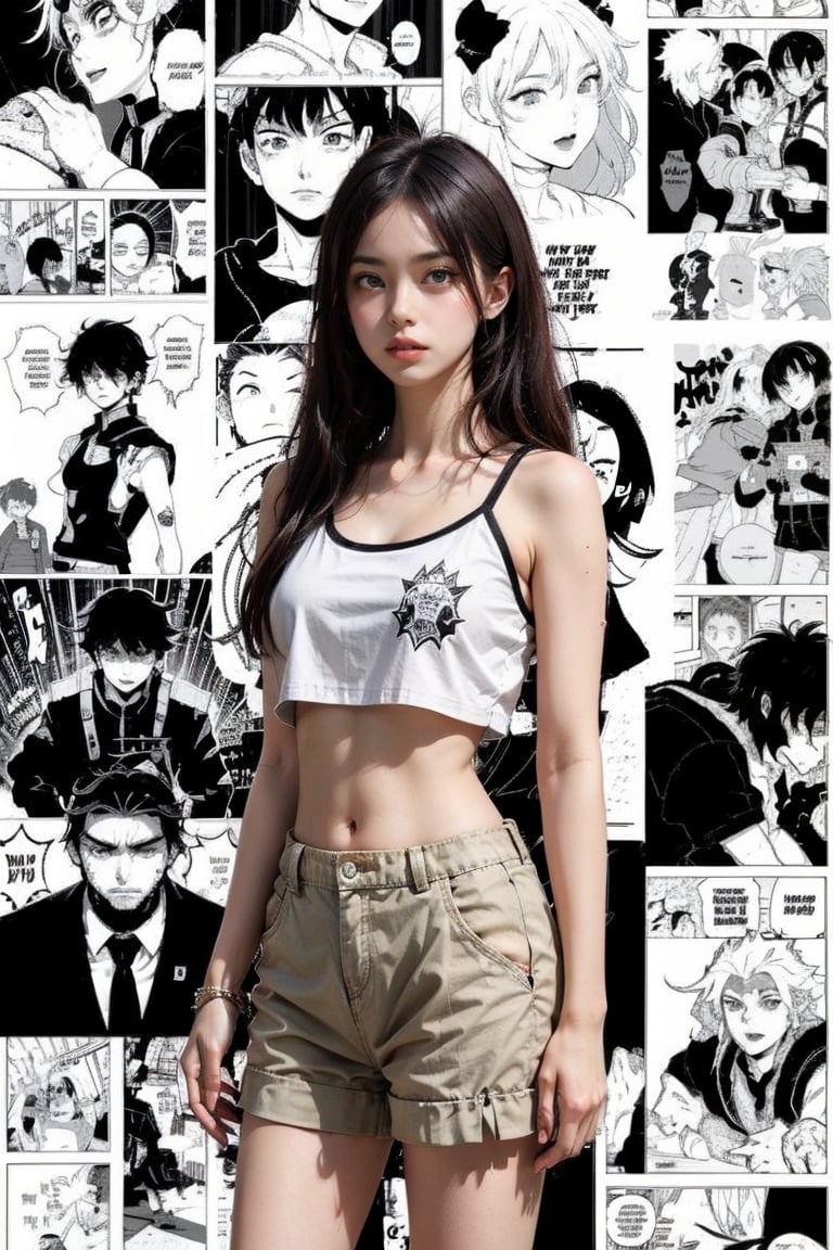 1 girl, crop top, best quality, (portrait:0.7), (Manga Background