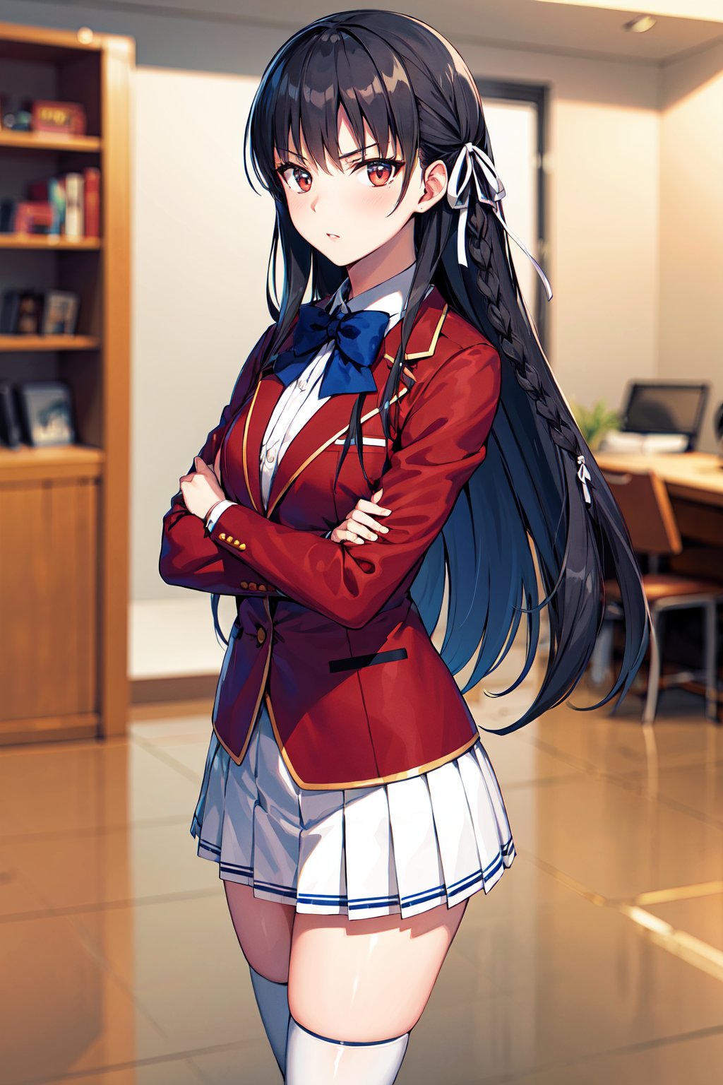 masterpiece, best quality, highres, aasuzune, long hair, black hair, (single braid:1.2), hair ribbon, red jacket, blazer, blue bowtie, long sleeves, white skirt, black thighhighs, <lora:horikita_suzune_v1:0.7>, standing, indoors, crossed arms, 