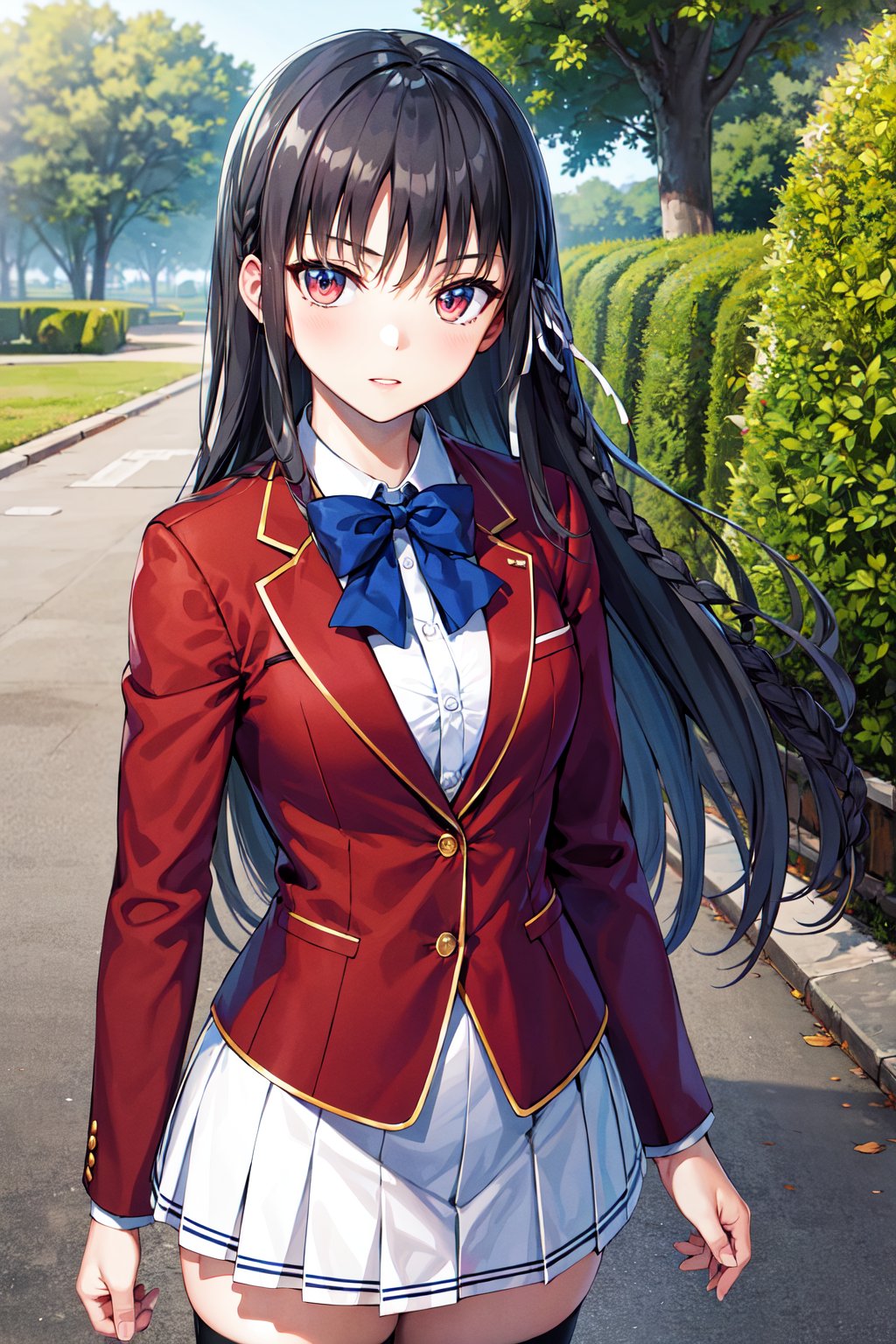 masterpiece, best quality, highres, aasuzune, long hair, black hair, (single braid:1.2), hair ribbon, red jacket, blazer, blue bowtie, long sleeves, white skirt, black thighhighs, <lora:horikita_suzune_v1:0.7>, standing, cowboy shot, outdoors