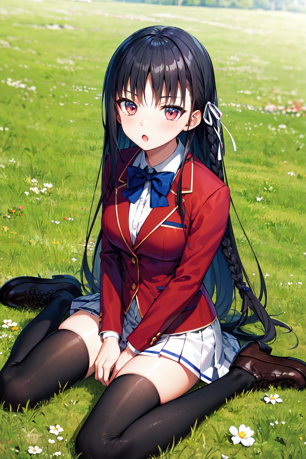 masterpiece, best quality, highres, aasuzune, long hair, black hair, (single braid:1.2), hair ribbon, red jacket, blazer, blue bowtie, long sleeves, white skirt, black thighhighs, <lora:horikita_suzune_v1:0.7>, :o, wariza, grass, field,