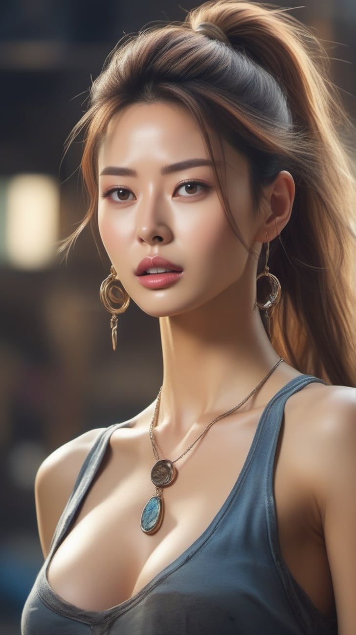 Very detailed illustration of a ((best quality)), ((masterpiece)), (detailed), mesmerizing and alluring female model, (Dirty and rugged charm:1.2), (tough and confident demeanor:1.1), looking at viewer, disheveled ponytail hair, smudged face with a playful smirk, glossy skin, skinny tight clothes, earrings, necklaces, hourglass_figure, natural huge breasts, detailmaster2, kwon-nara-xlv2