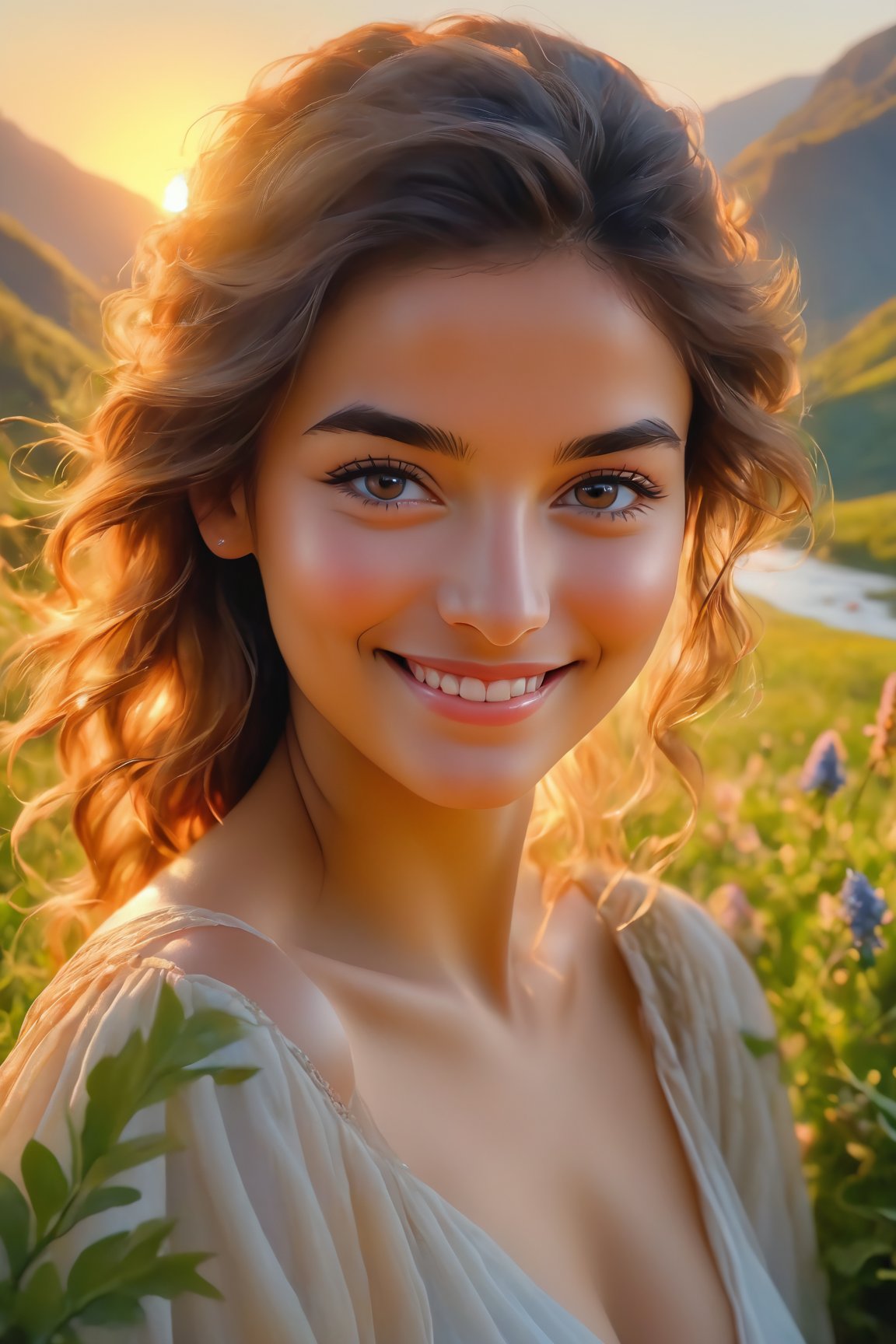 (best quality, 8k, highres, masterpiece:1.2), photorealistic, ultra-detailed, vibrant photography of a woman in nature, cute smile, dramatic lighting, finely detailed beautiful eyes, fine detailed skin, Natural scenery, majestic landscape, colorful flowers, distant mountains, flowing rivers, melting sunset, serene atmosphere, dazzling sunlight, blissful vibes, freckled face, luscious greenery, soft breeze, ethereal beauty